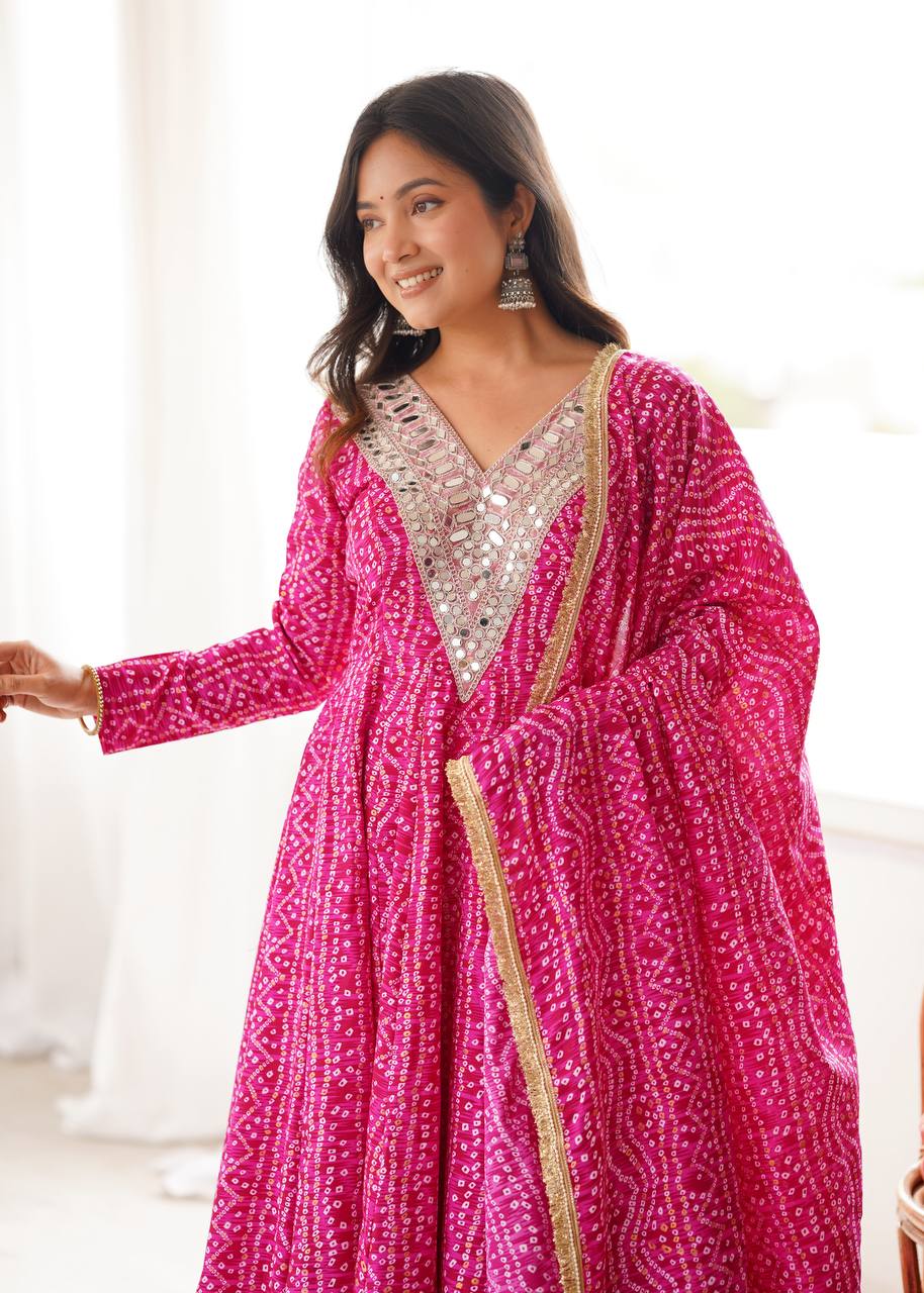 Bandhani Mirror Embroidered Gown Set