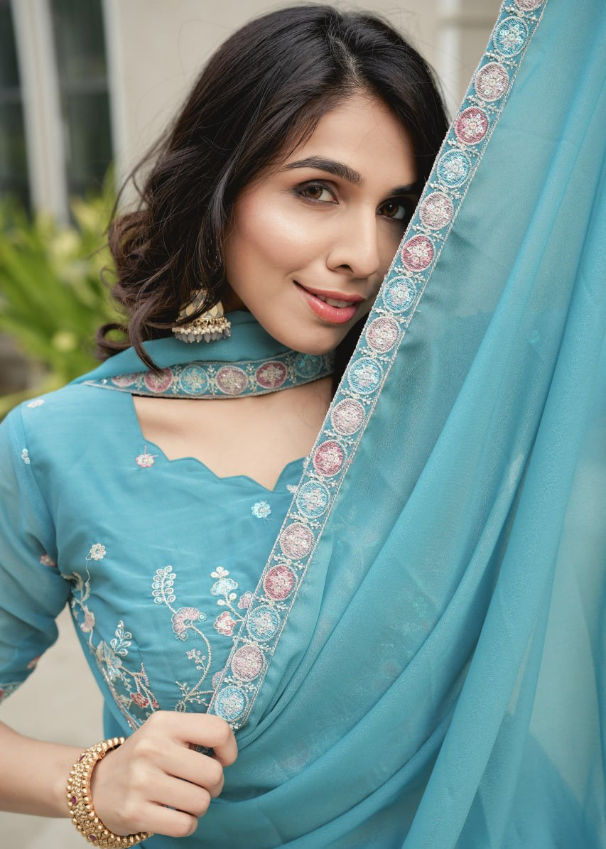 Turquoise Bloom Embroidered Lehenga Set