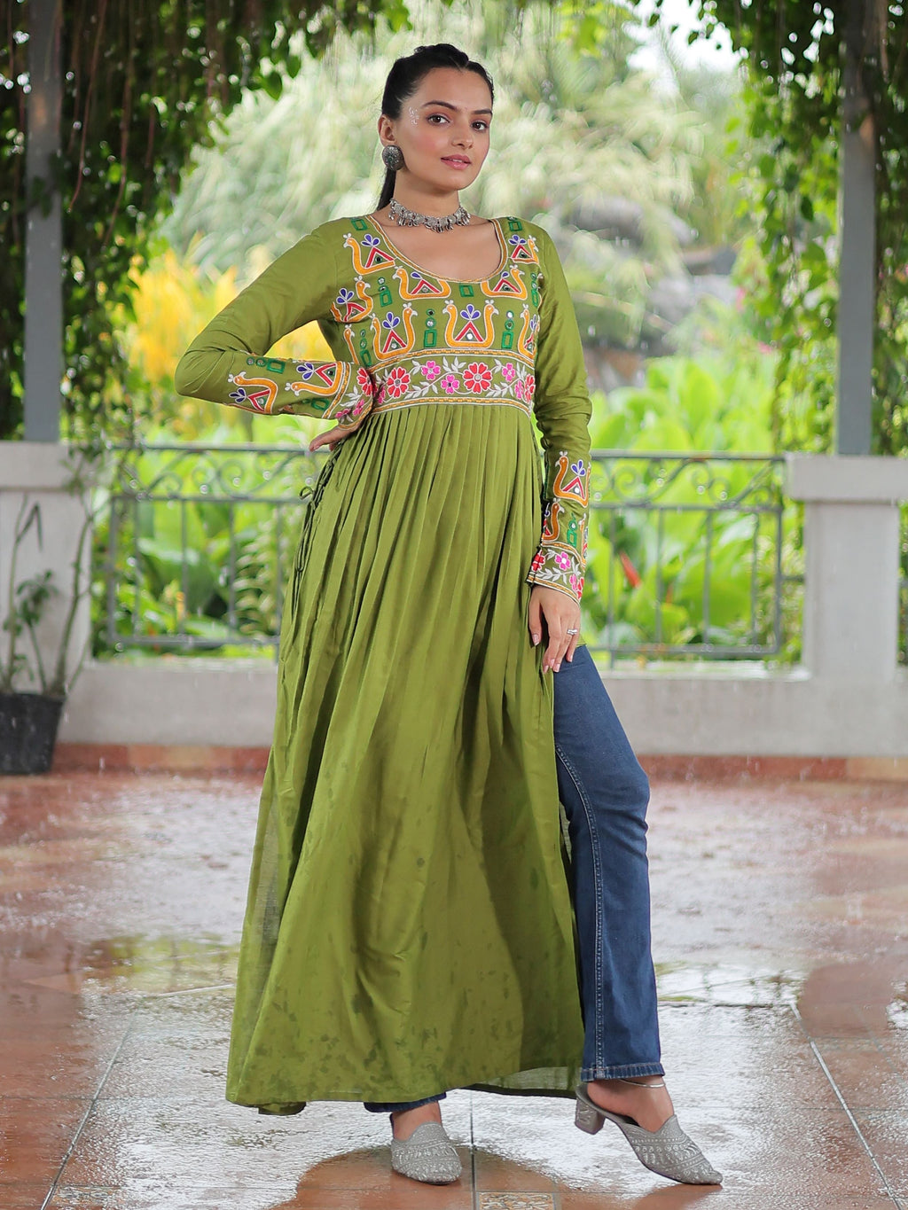 Green pure rayon nayra cut kurti with kutchi gamthi work