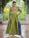 Green pure rayon nayra cut kurti with kutchi gamthi work