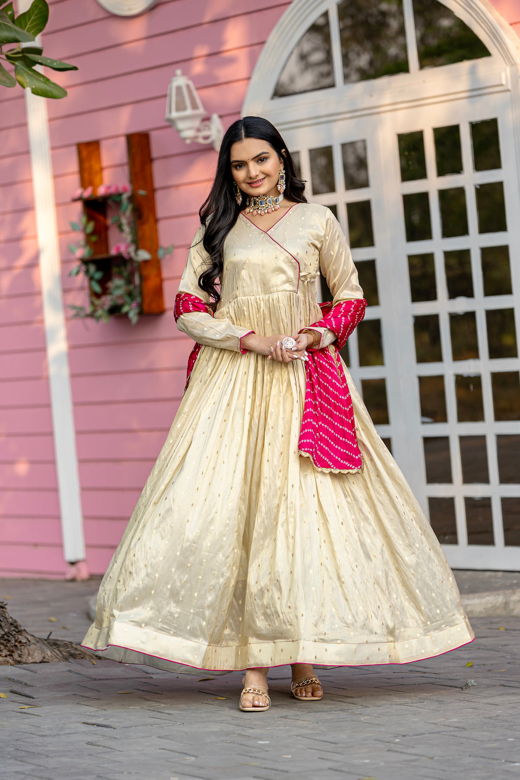 Cream jacquard butti gown with digital printed chinon dupatta