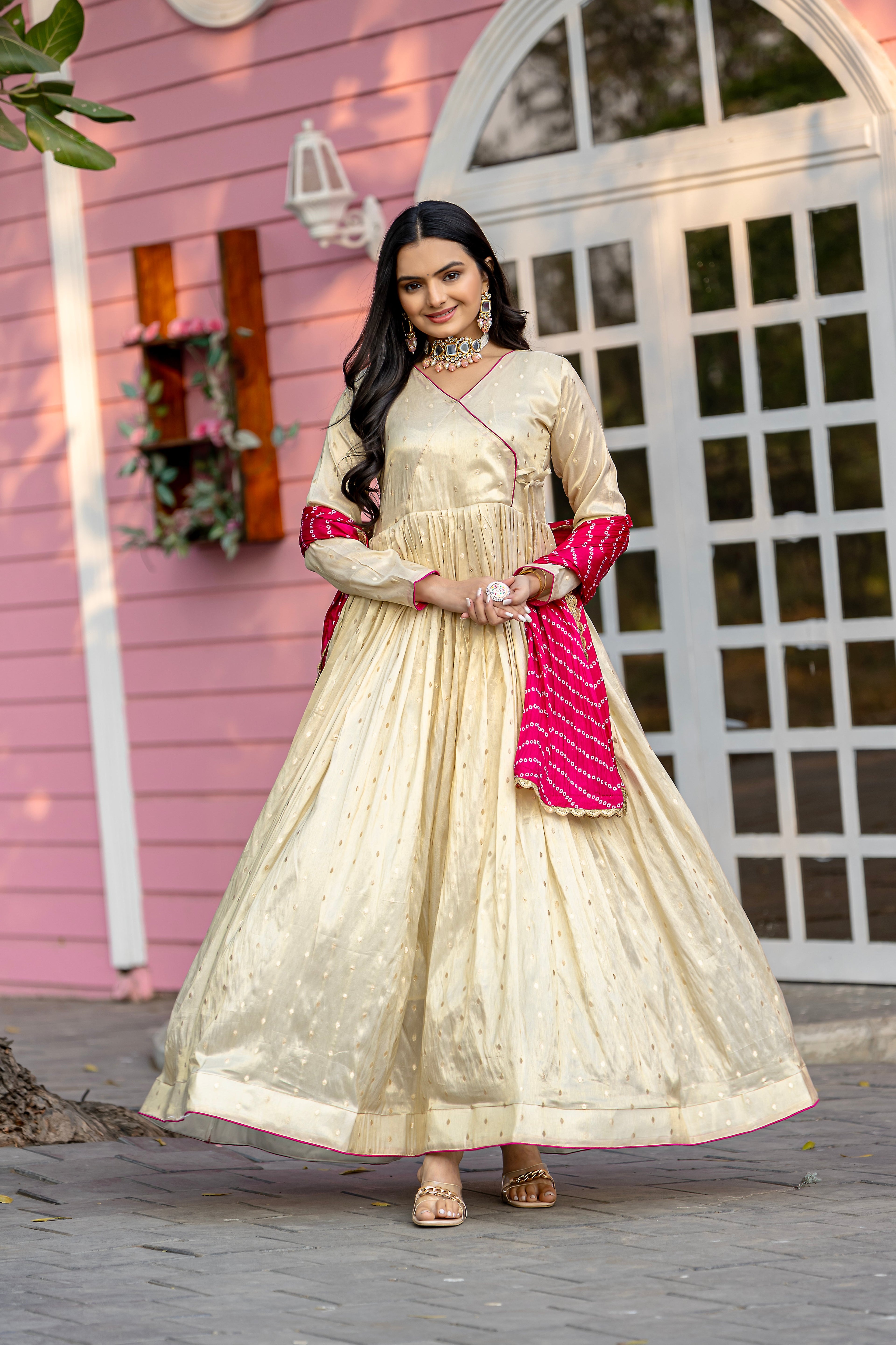 Cream jacquard butti gown with digital printed chinon dupatta