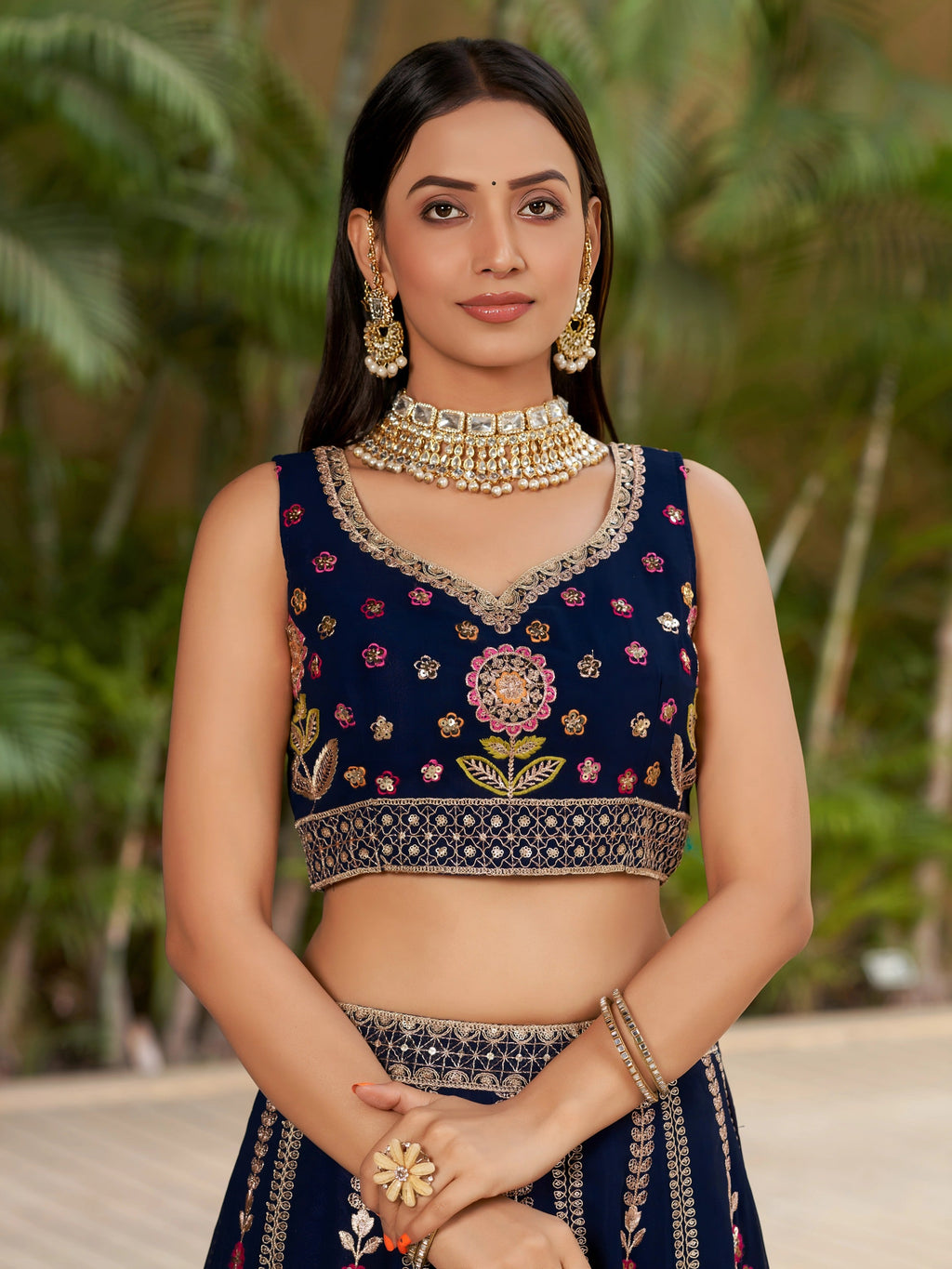 Navya deep navy blue floral embroidered lehenga choli with dupatta