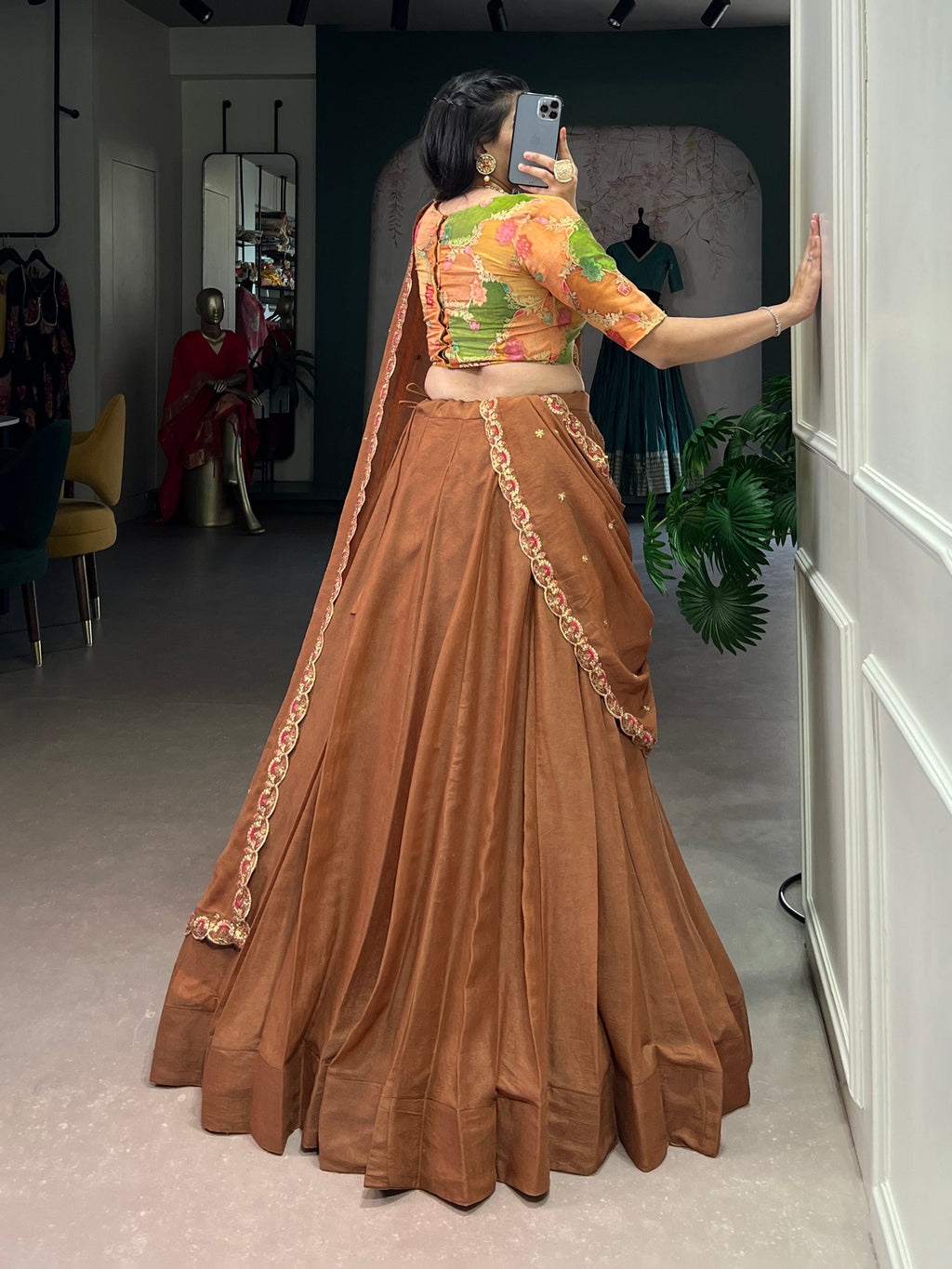Omisha chocolate crush silk lehenga choli with gotta patti position print
