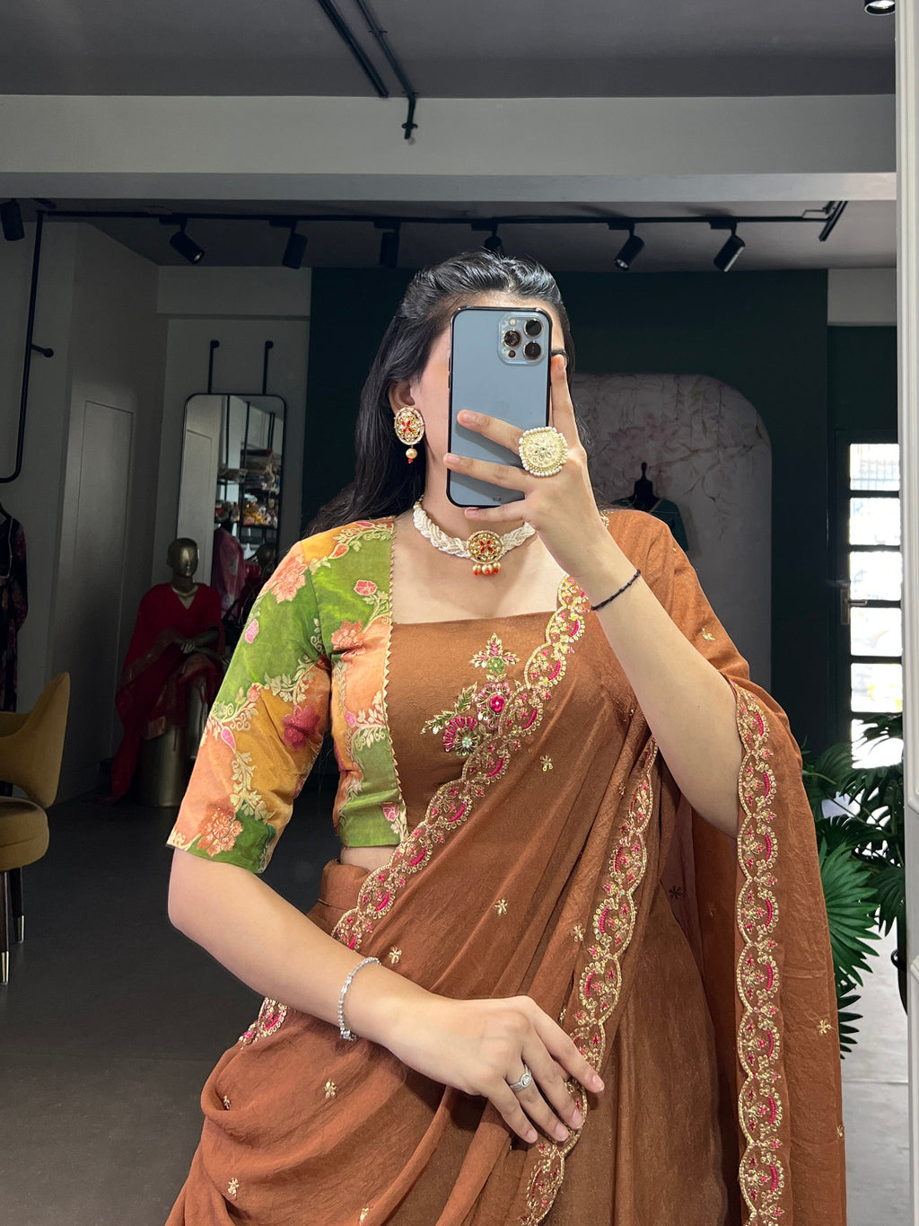 Omisha chocolate crush silk lehenga choli with gotta patti position print
