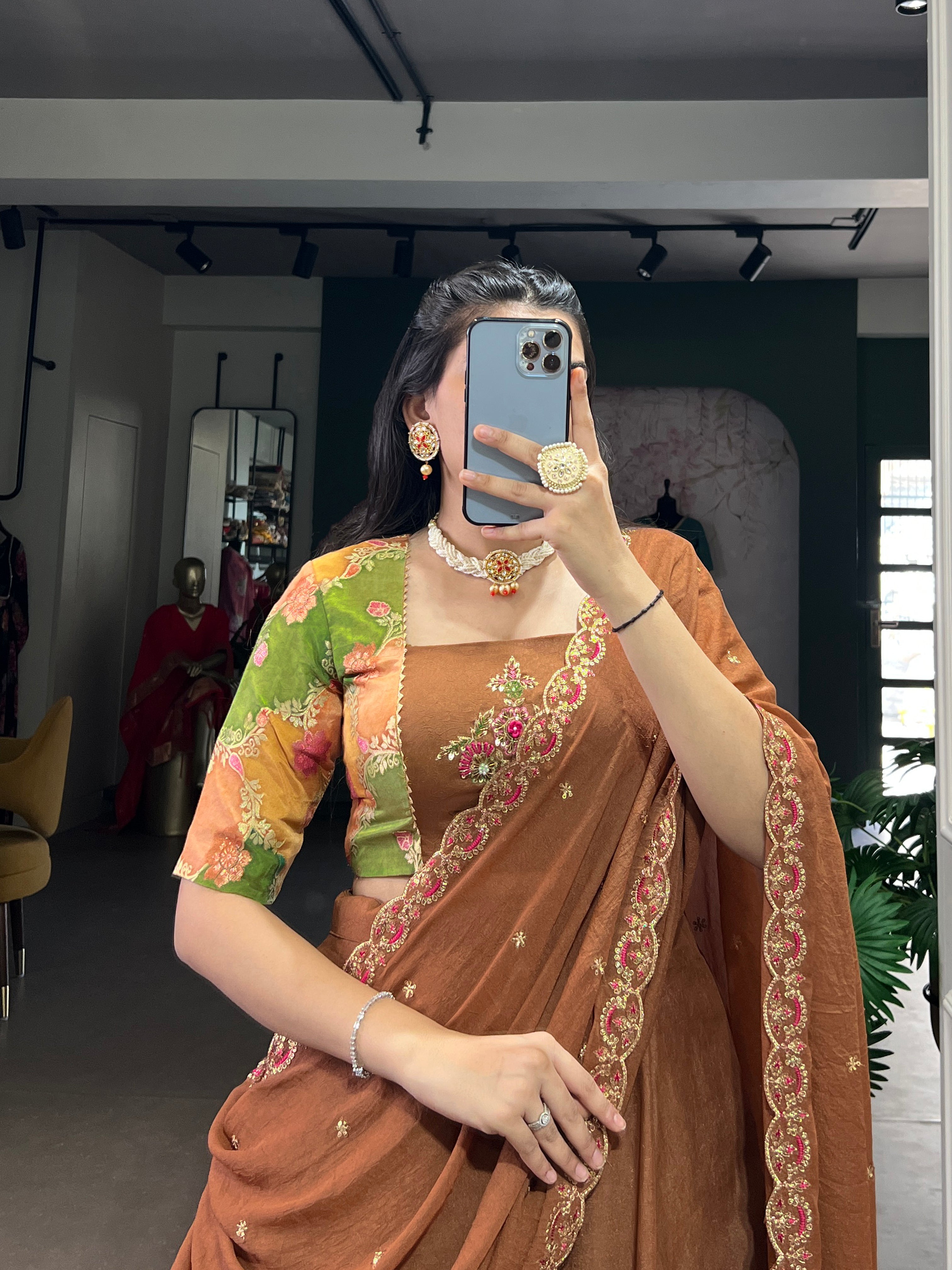 Omisha chocolate crush silk lehenga choli with gotta patti position print