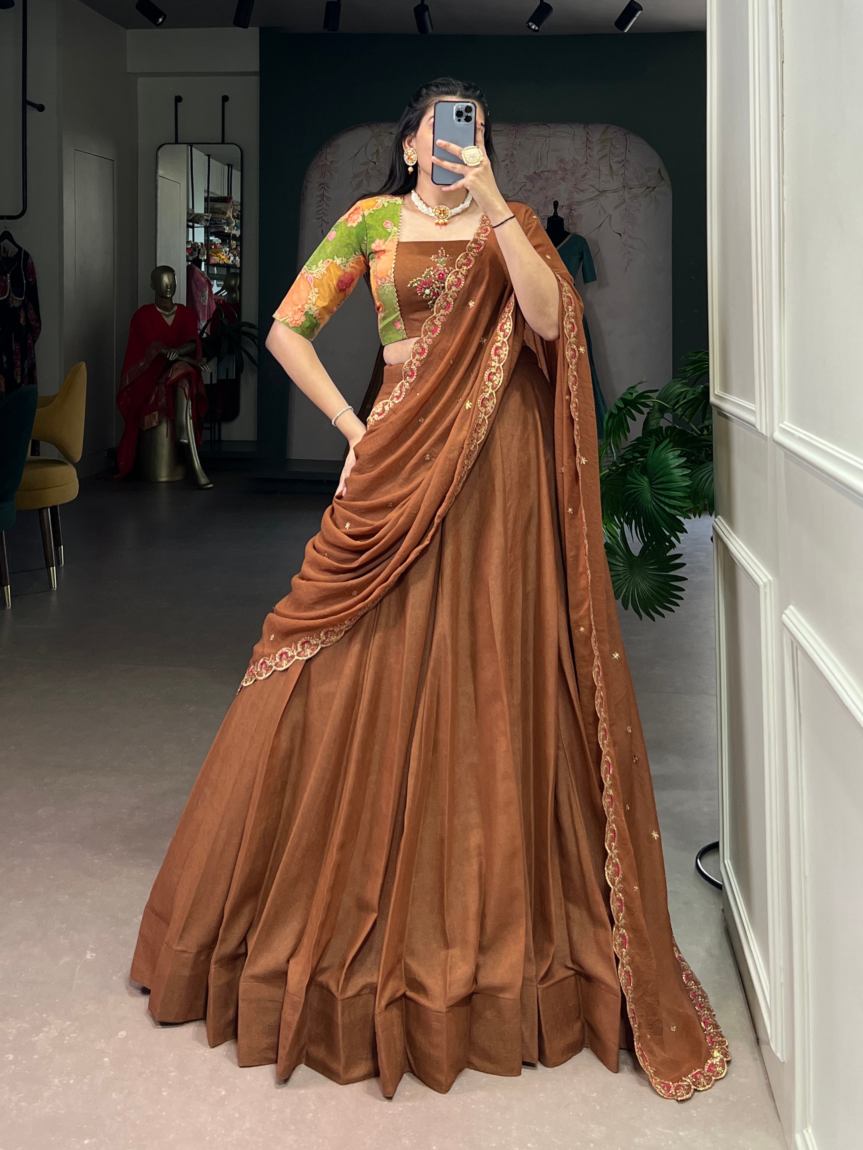 Omisha chocolate crush silk lehenga choli with gotta patti position print