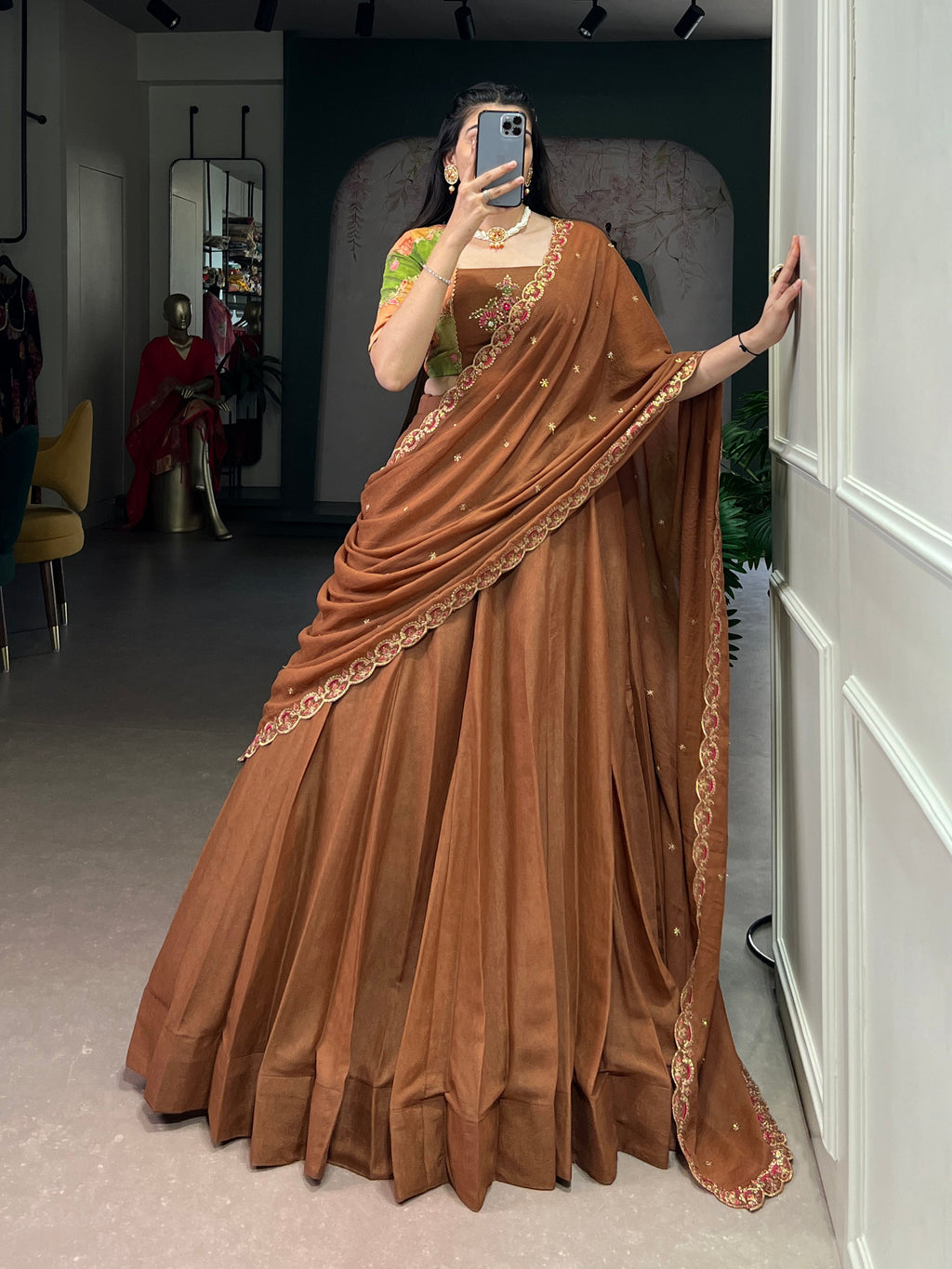 Omisha chocolate crush silk lehenga choli with gotta patti position print