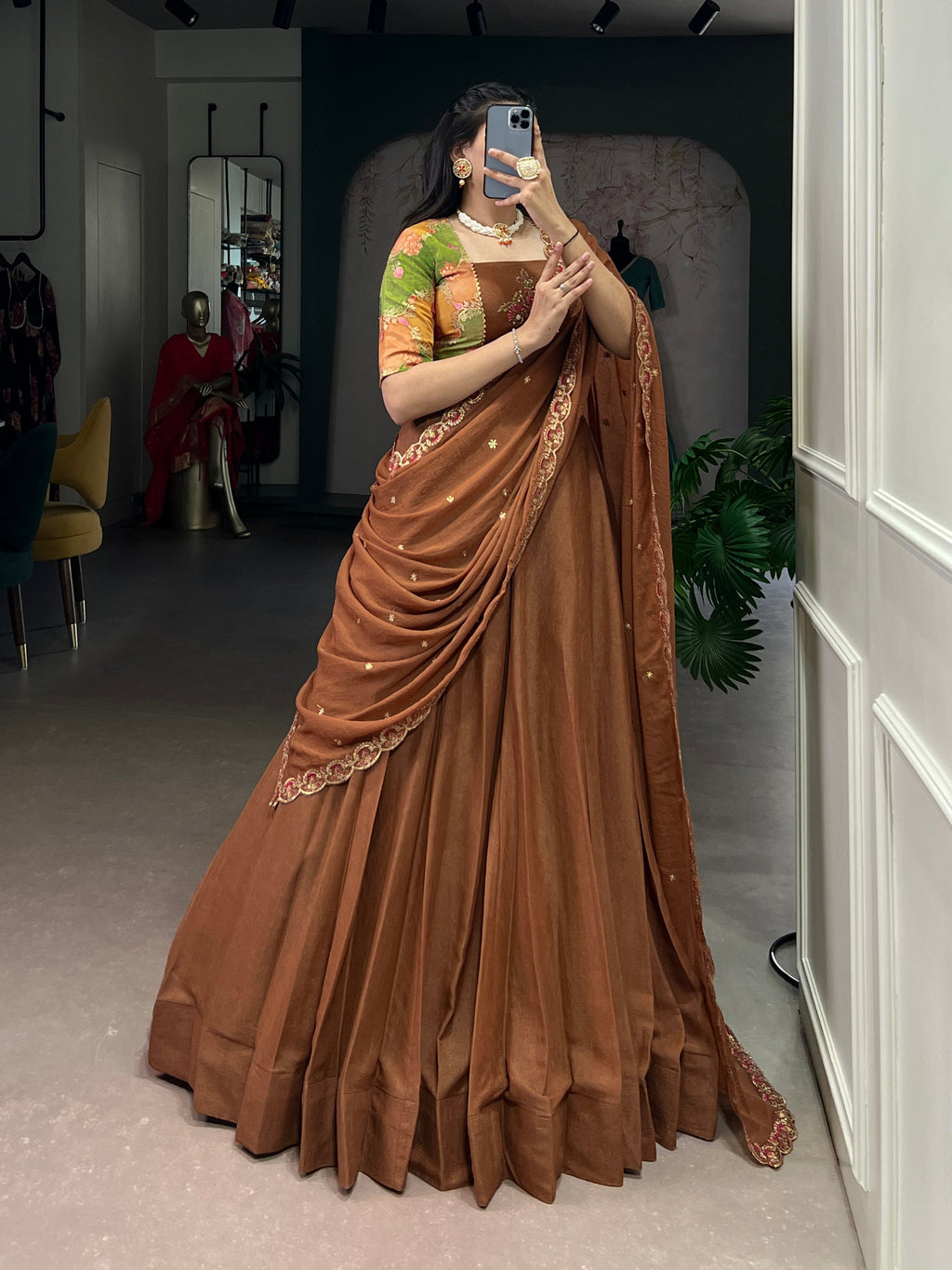 Omisha chocolate crush silk lehenga choli with gotta patti position print
