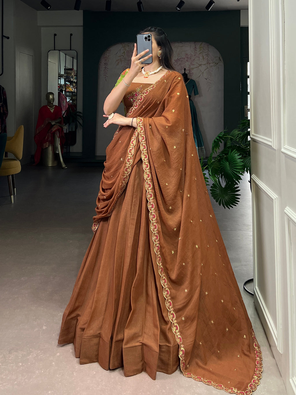 Omisha chocolate crush silk lehenga choli with gotta patti position print