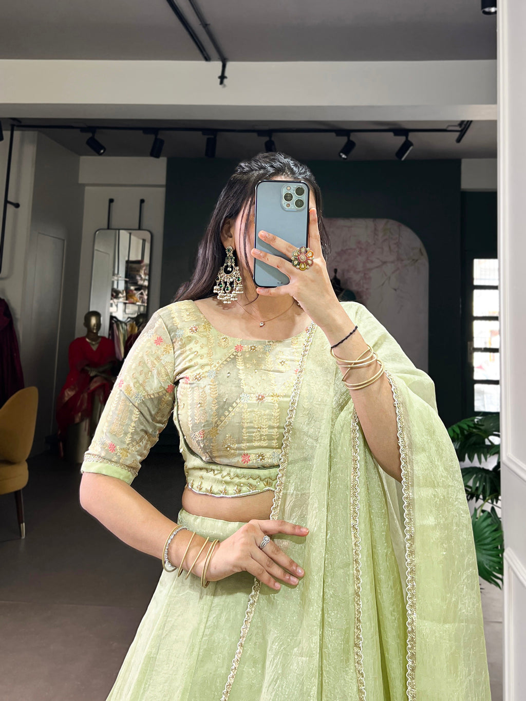 Yuvika green Allen crush lehenga choli with sequins and beads work