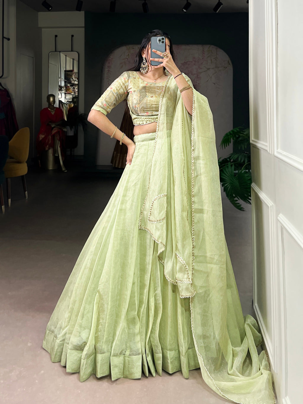Yuvika green Allen crush lehenga choli with sequins and beads work