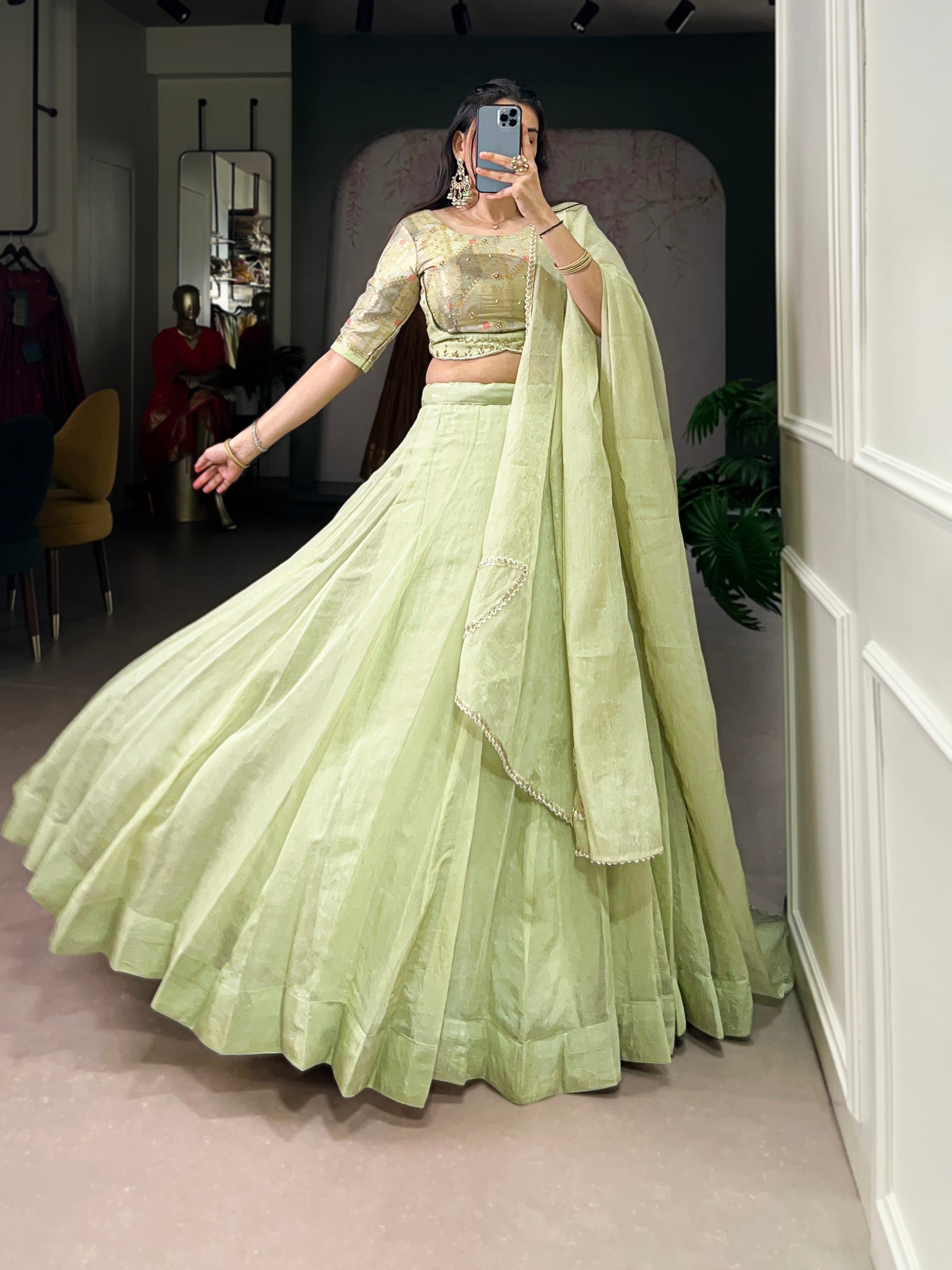 Yuvika green Allen crush lehenga choli with sequins and beads work
