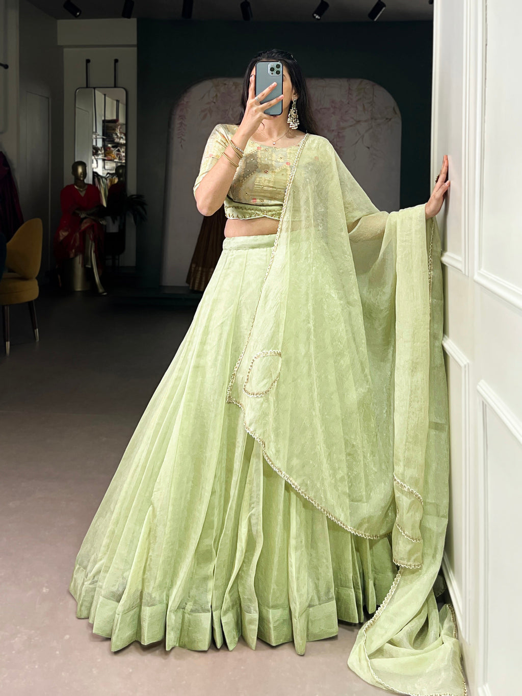 Yuvika green Allen crush lehenga choli with sequins and beads work