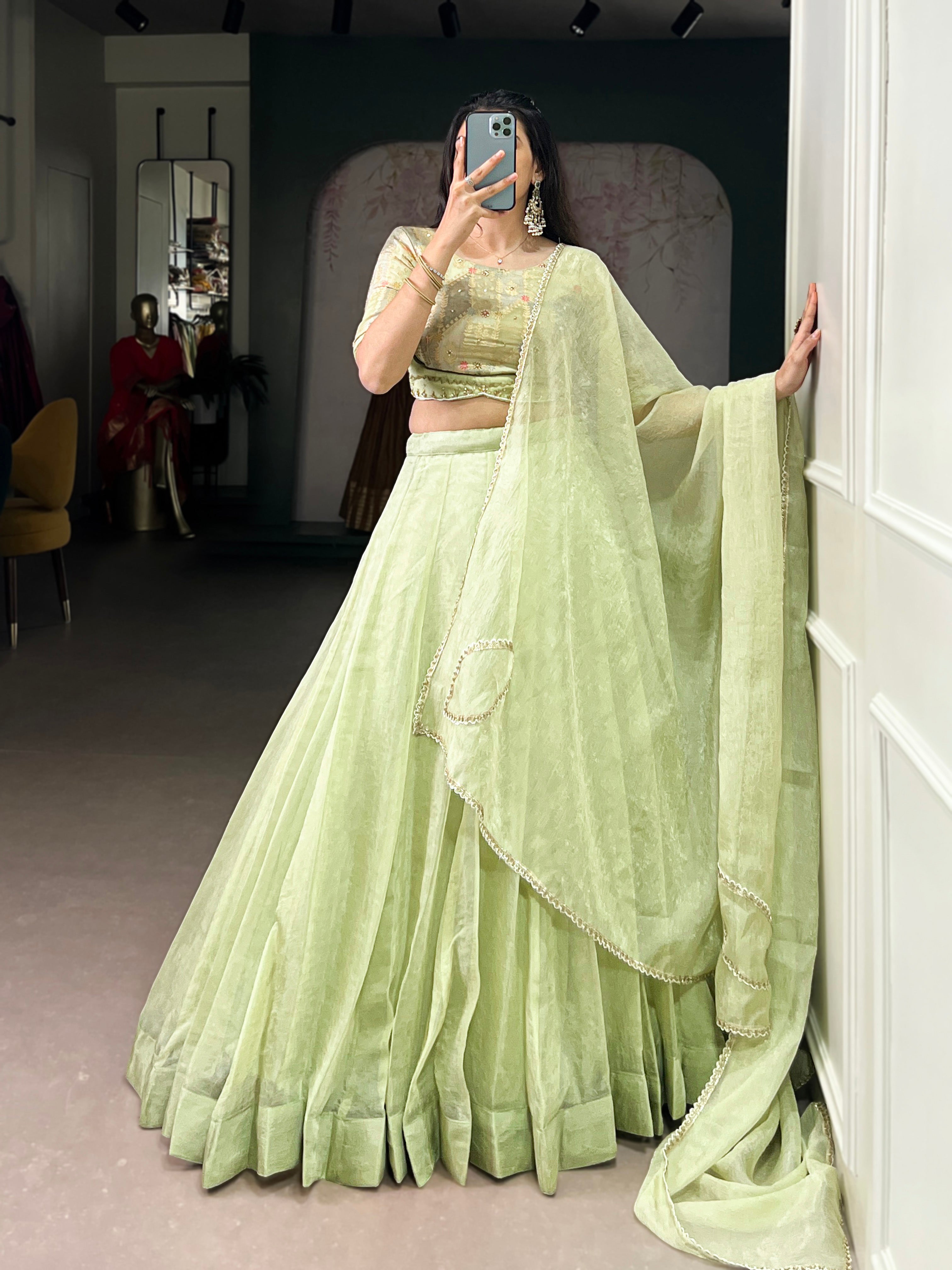 Yuvika green Allen crush lehenga choli with sequins and beads work