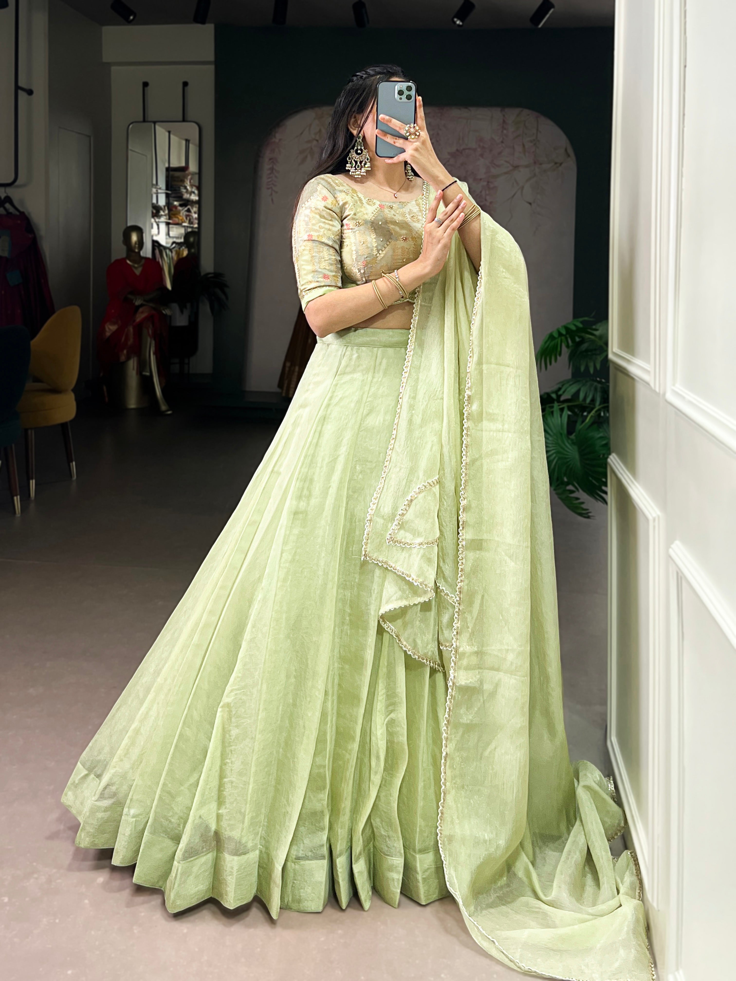 Yuvika green Allen crush lehenga choli with sequins and beads work