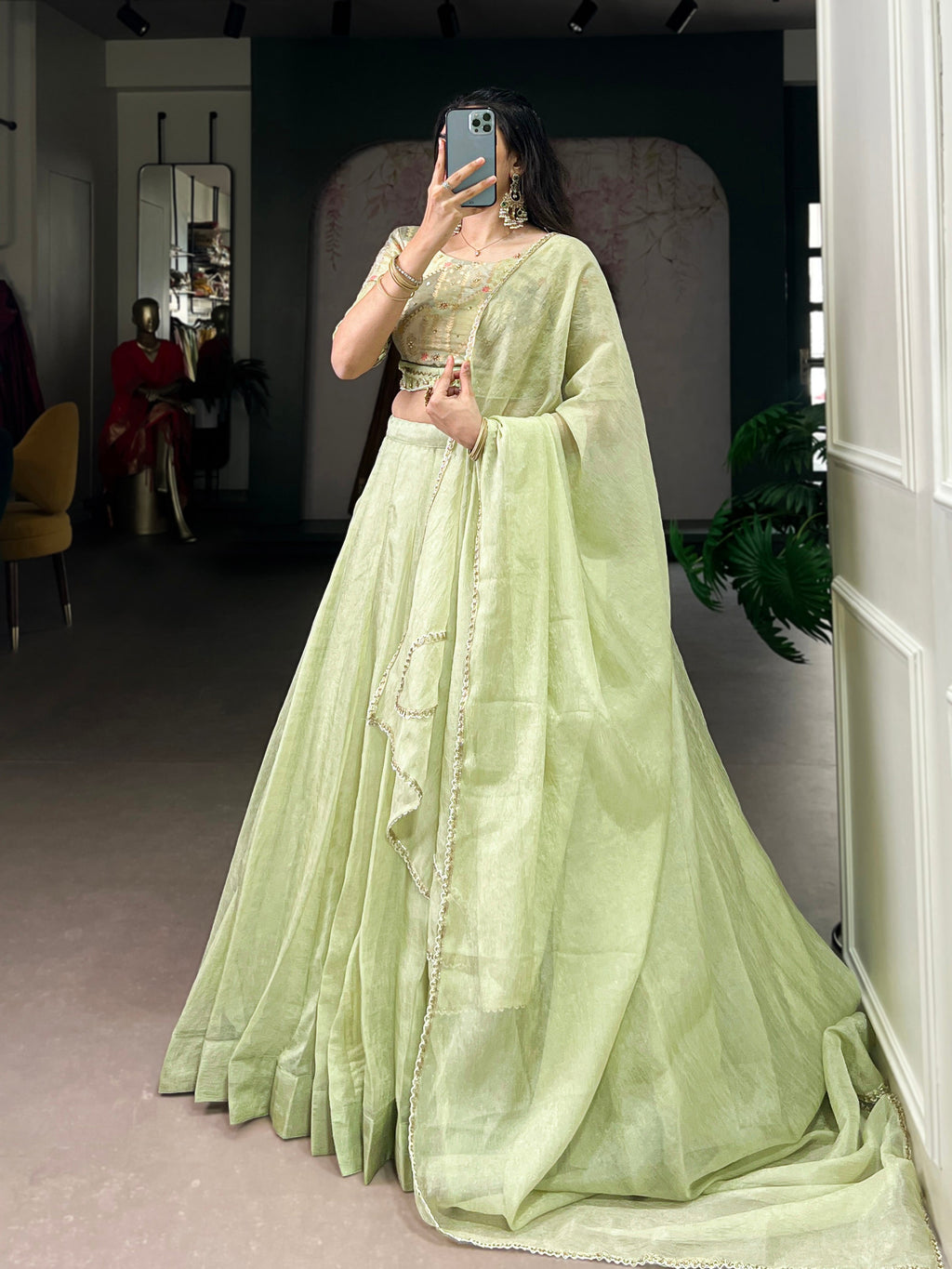 Yuvika green Allen crush lehenga choli with sequins and beads work