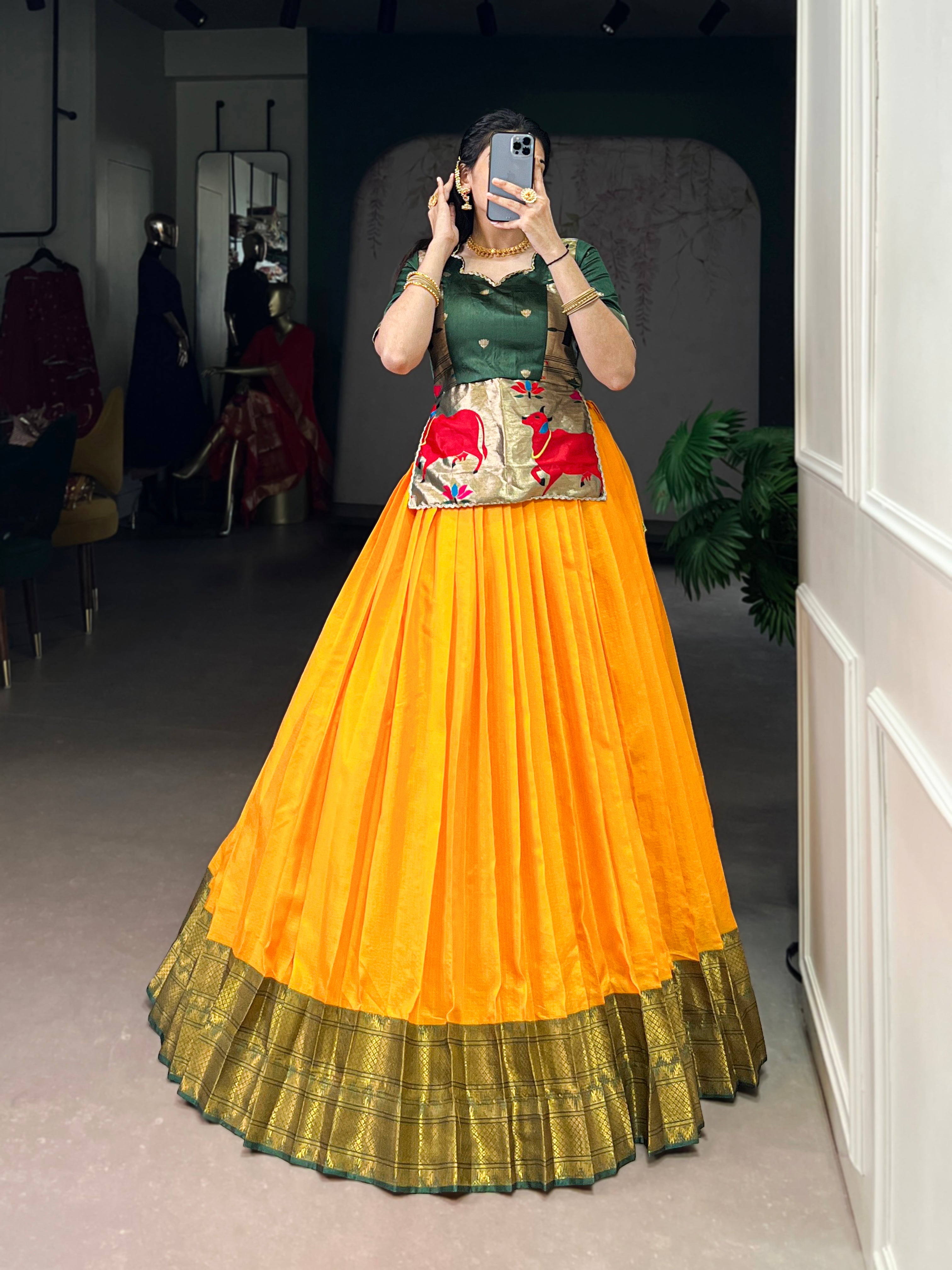 Vini mustard yellow cotton silk zari weaving co-ord set lehenga
