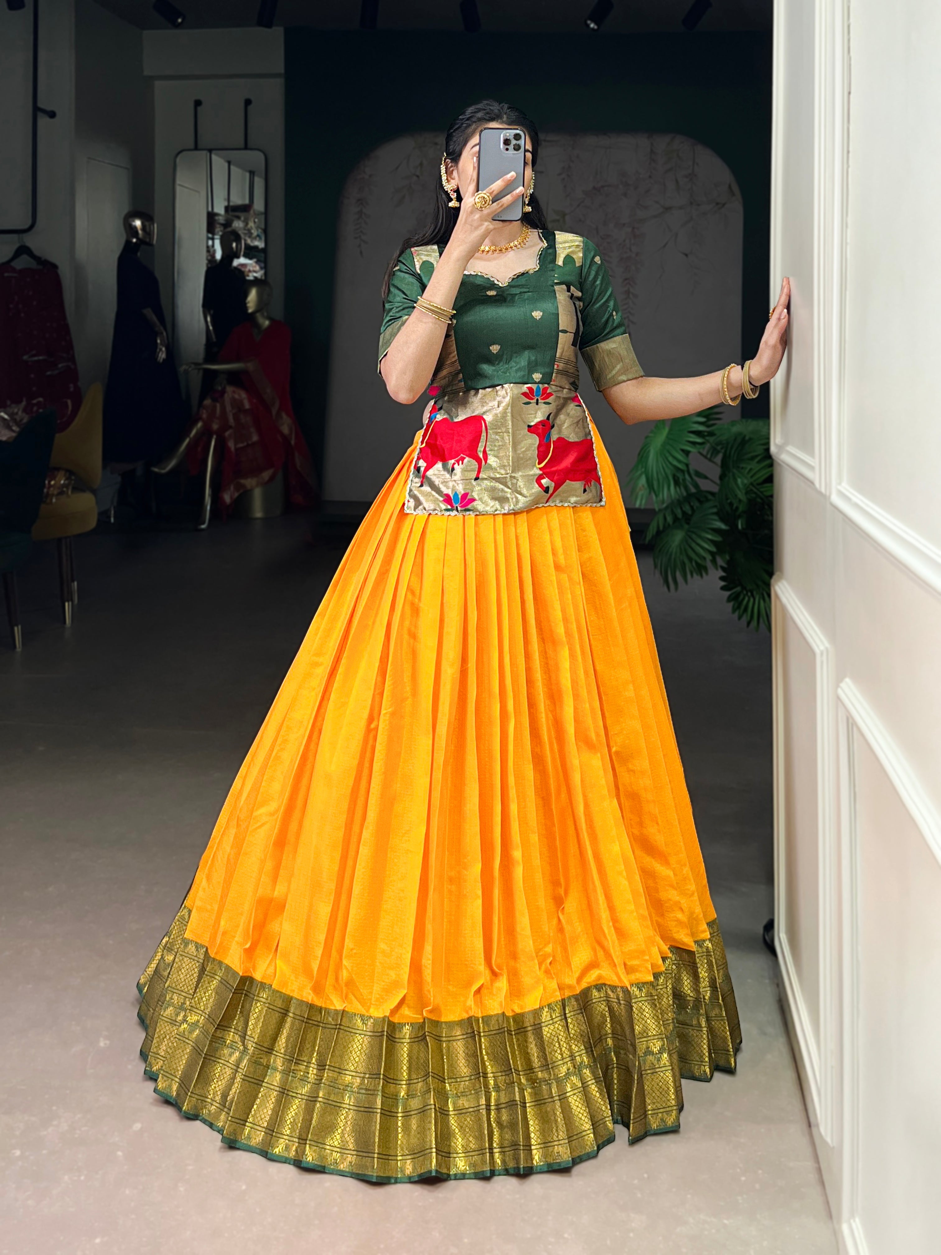 Vini mustard yellow cotton silk zari weaving co-ord set lehenga