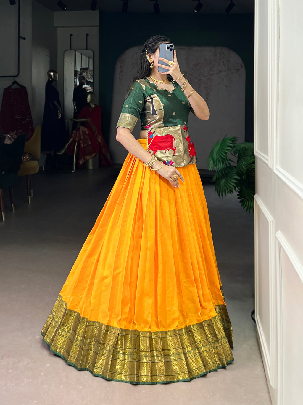 Vini mustard yellow cotton silk zari weaving co-ord set lehenga