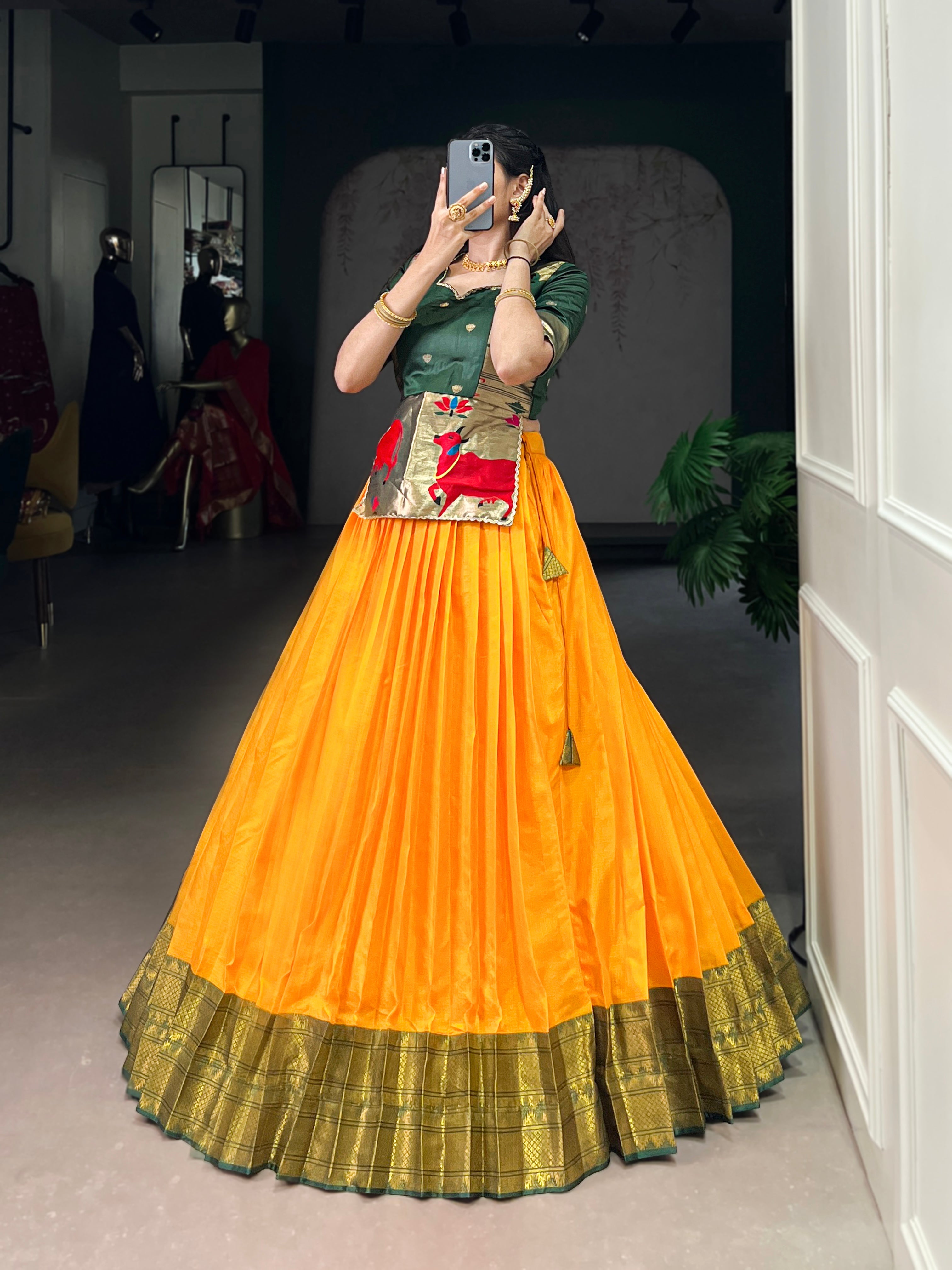 Vini mustard yellow cotton silk zari weaving co-ord set lehenga