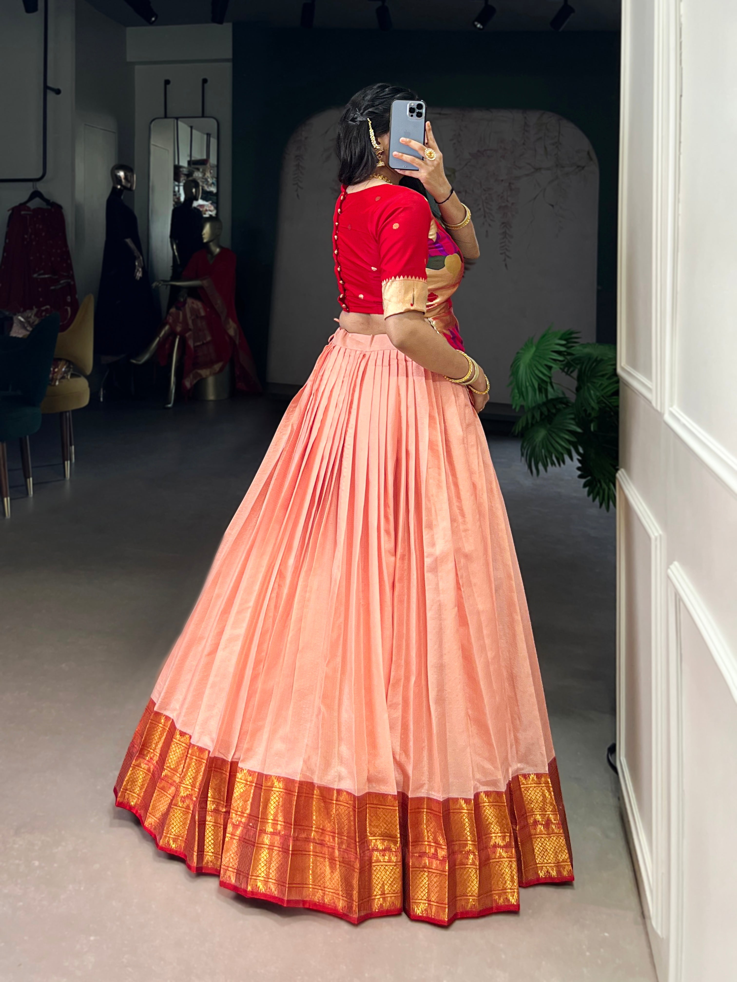 Vini peach cotton silk zari weaving co-ord set lehenga