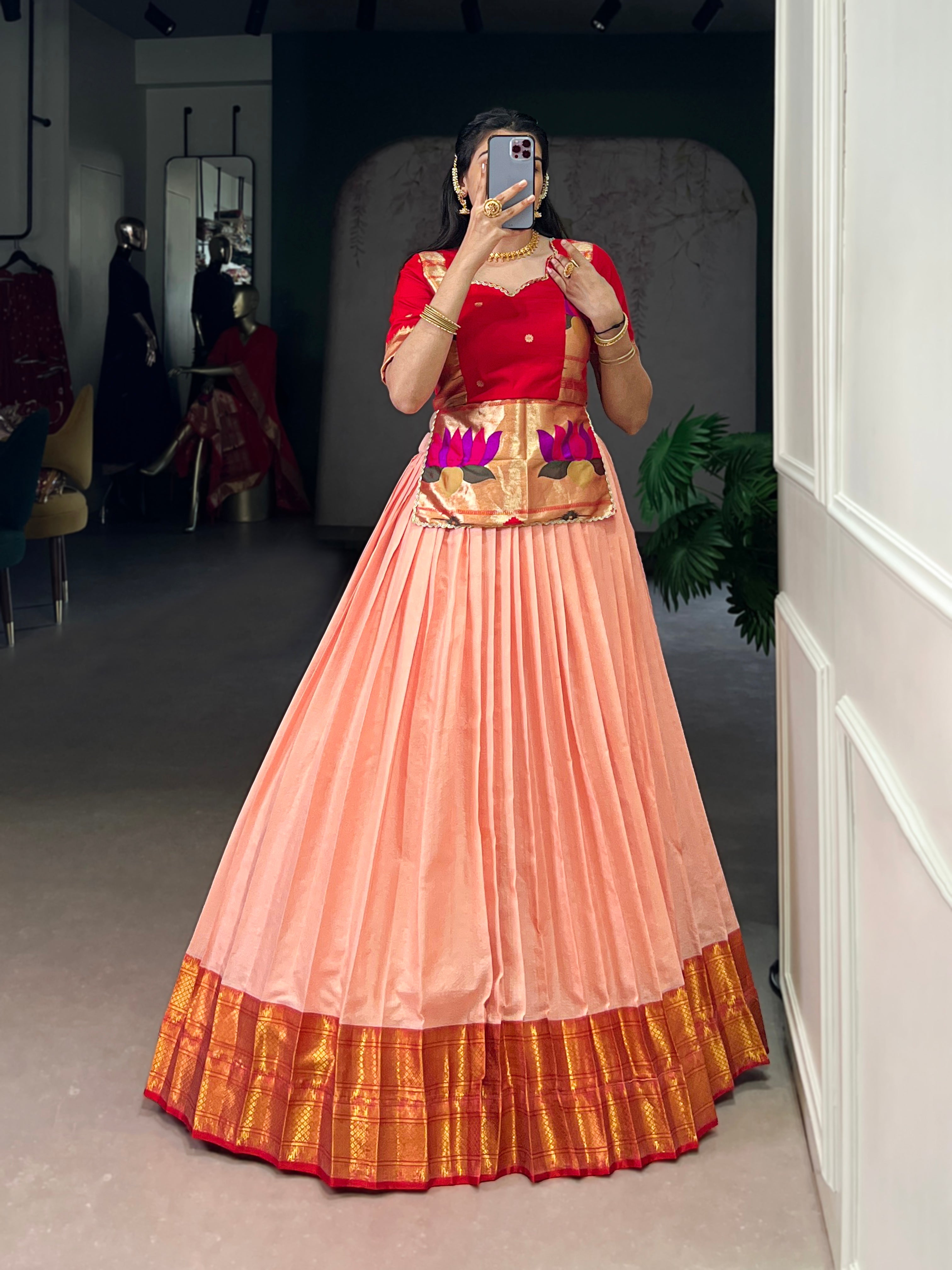Vini peach cotton silk zari weaving co-ord set lehenga
