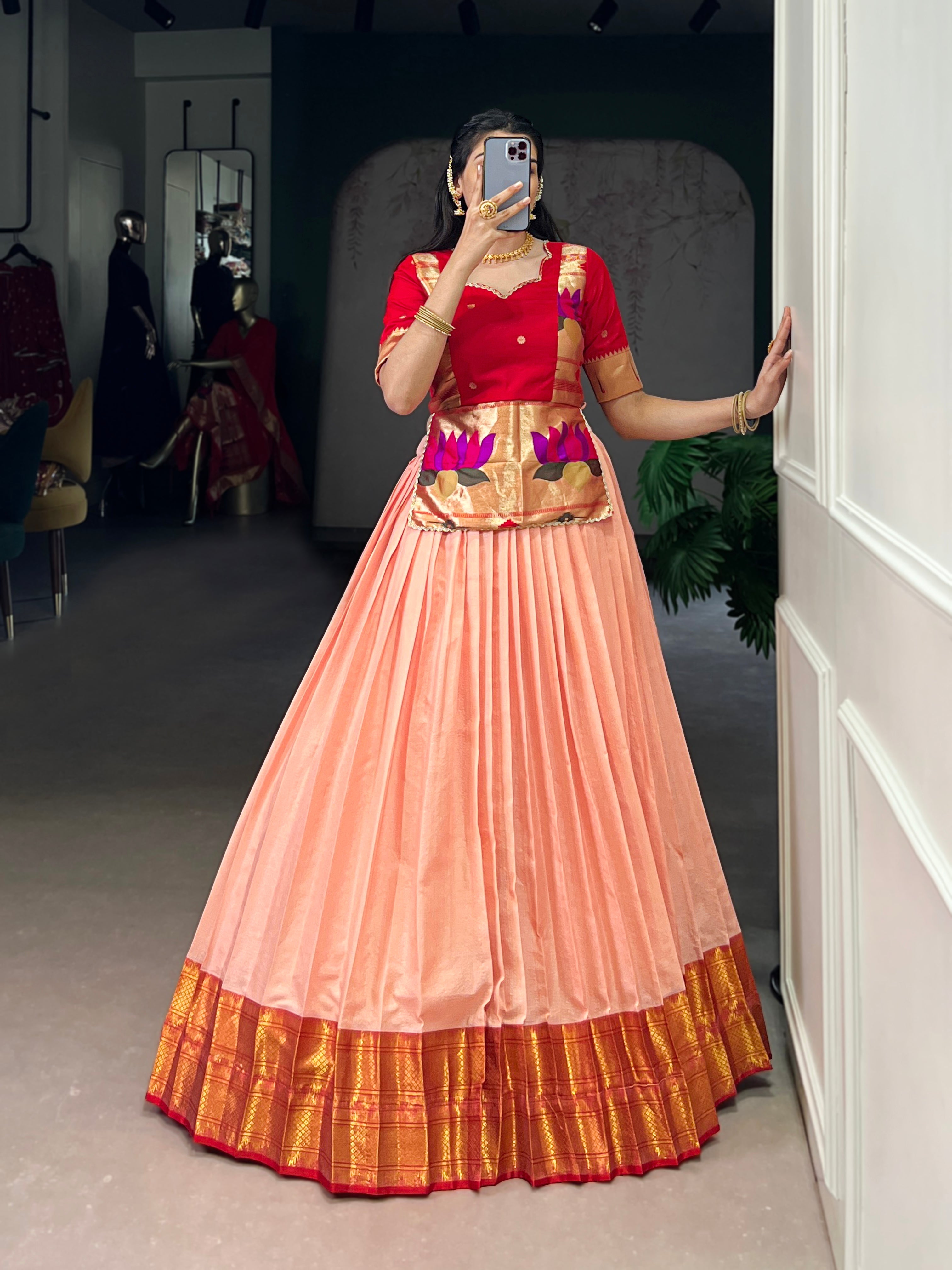 Vini peach cotton silk zari weaving co-ord set lehenga
