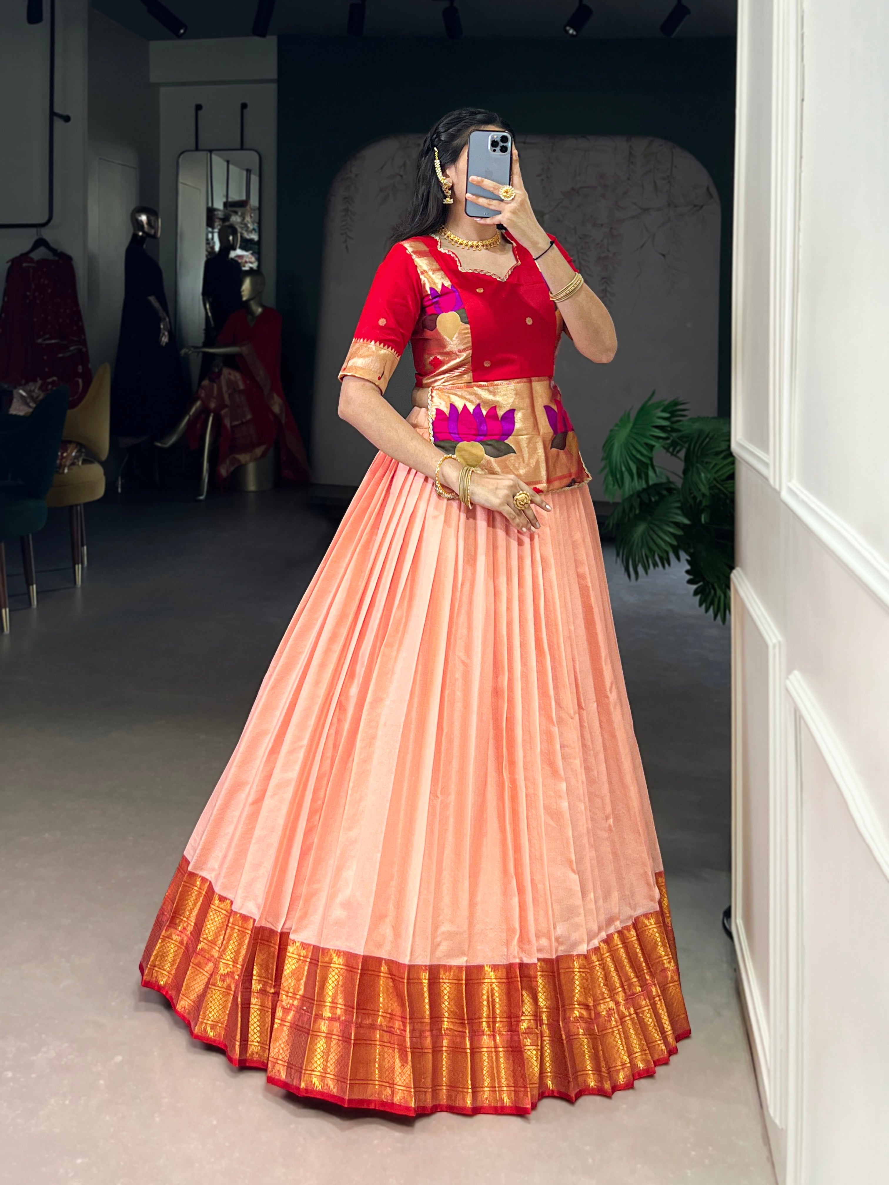 Vini peach cotton silk zari weaving co-ord set lehenga