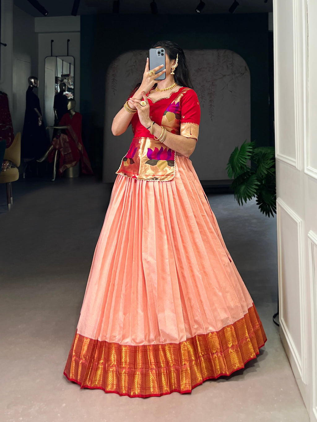 Vini peach cotton silk zari weaving co-ord set lehenga