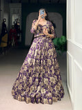 Ishita purple Tasar silk floral print co-ord set lehenga with koti