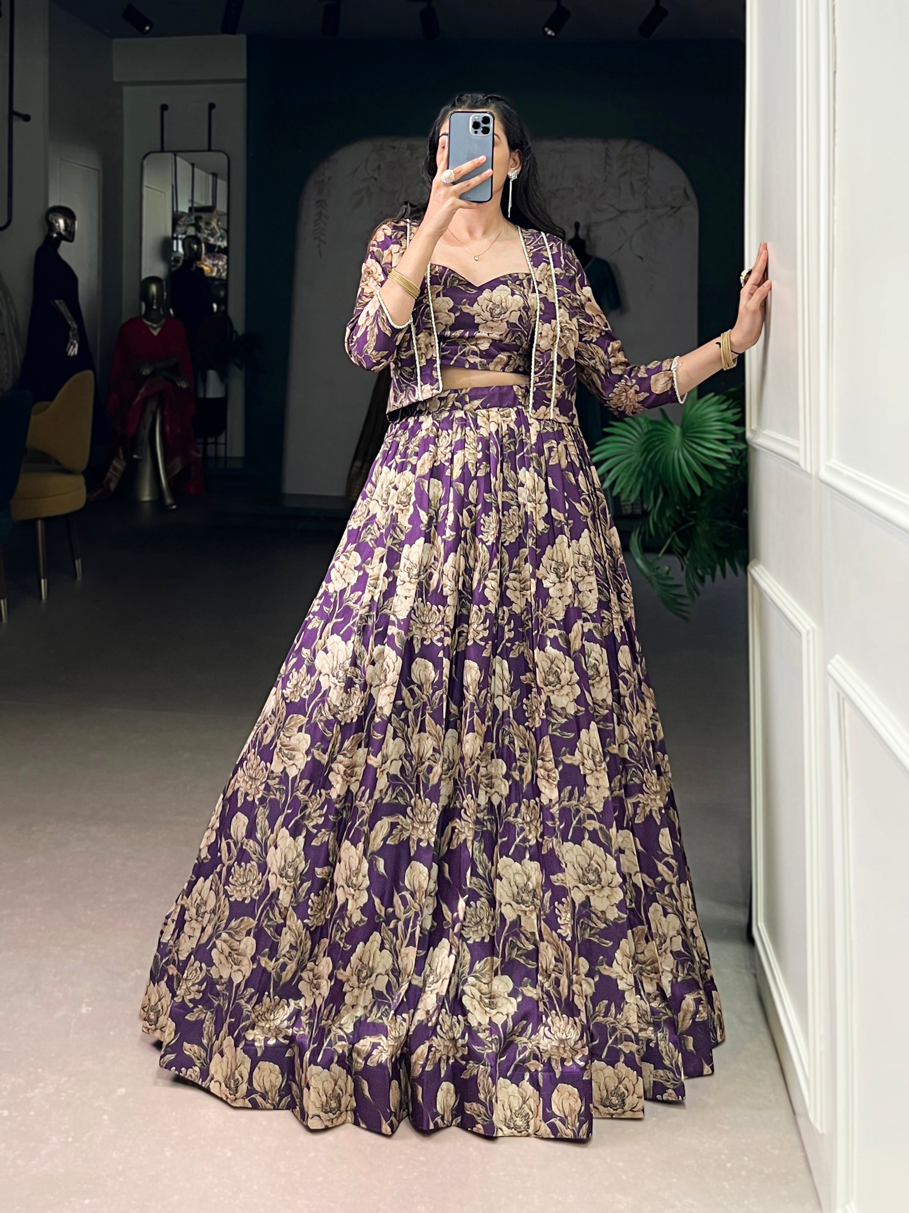 Ishita purple Tasar silk floral print co-ord set lehenga with koti