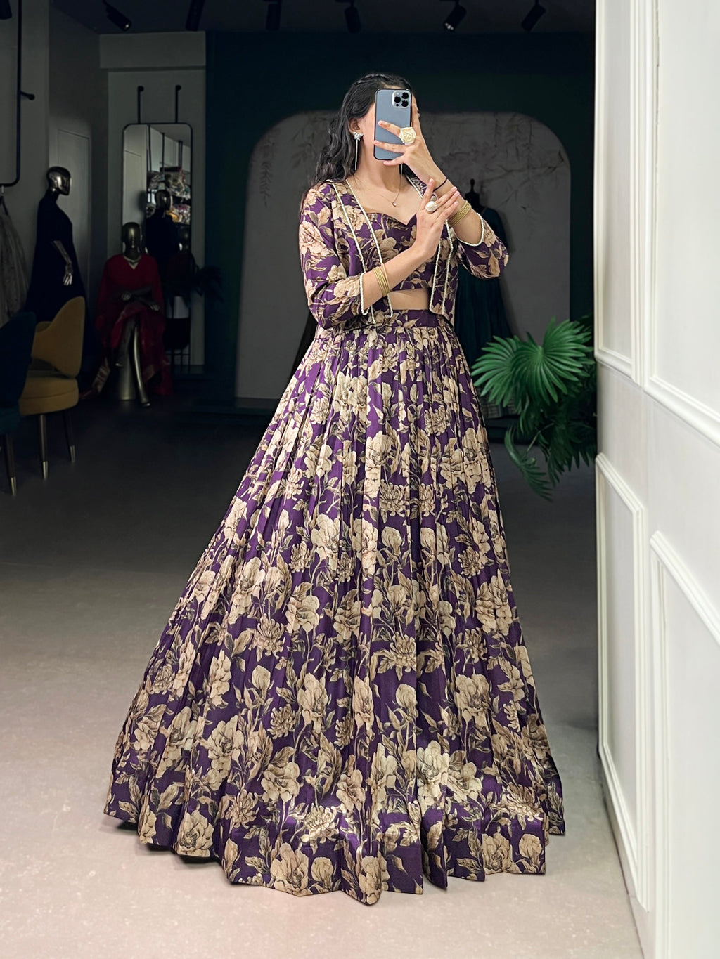 Ishita purple Tasar silk floral print co-ord set lehenga with koti