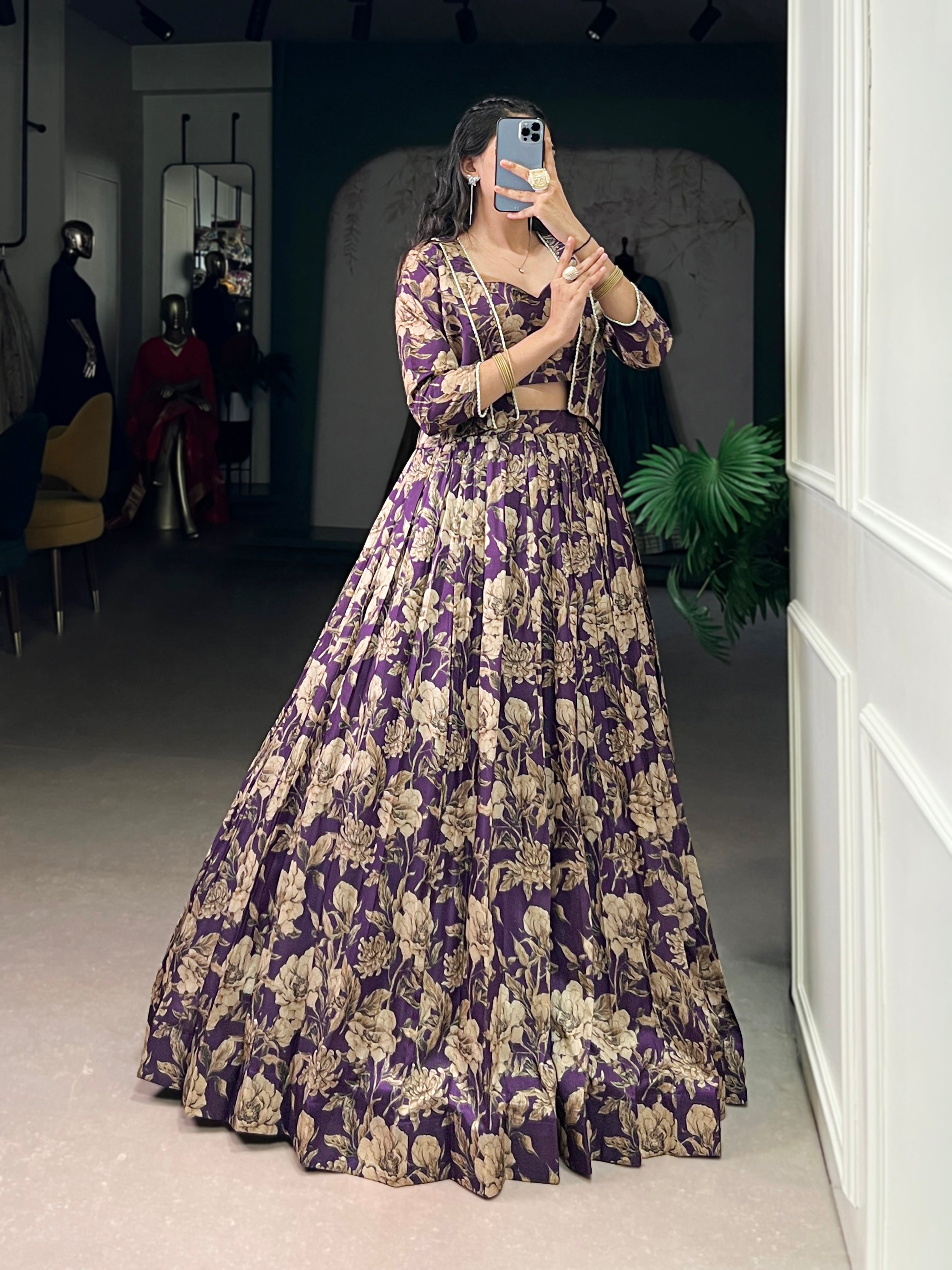 Ishita purple Tasar silk floral print co-ord set lehenga with koti