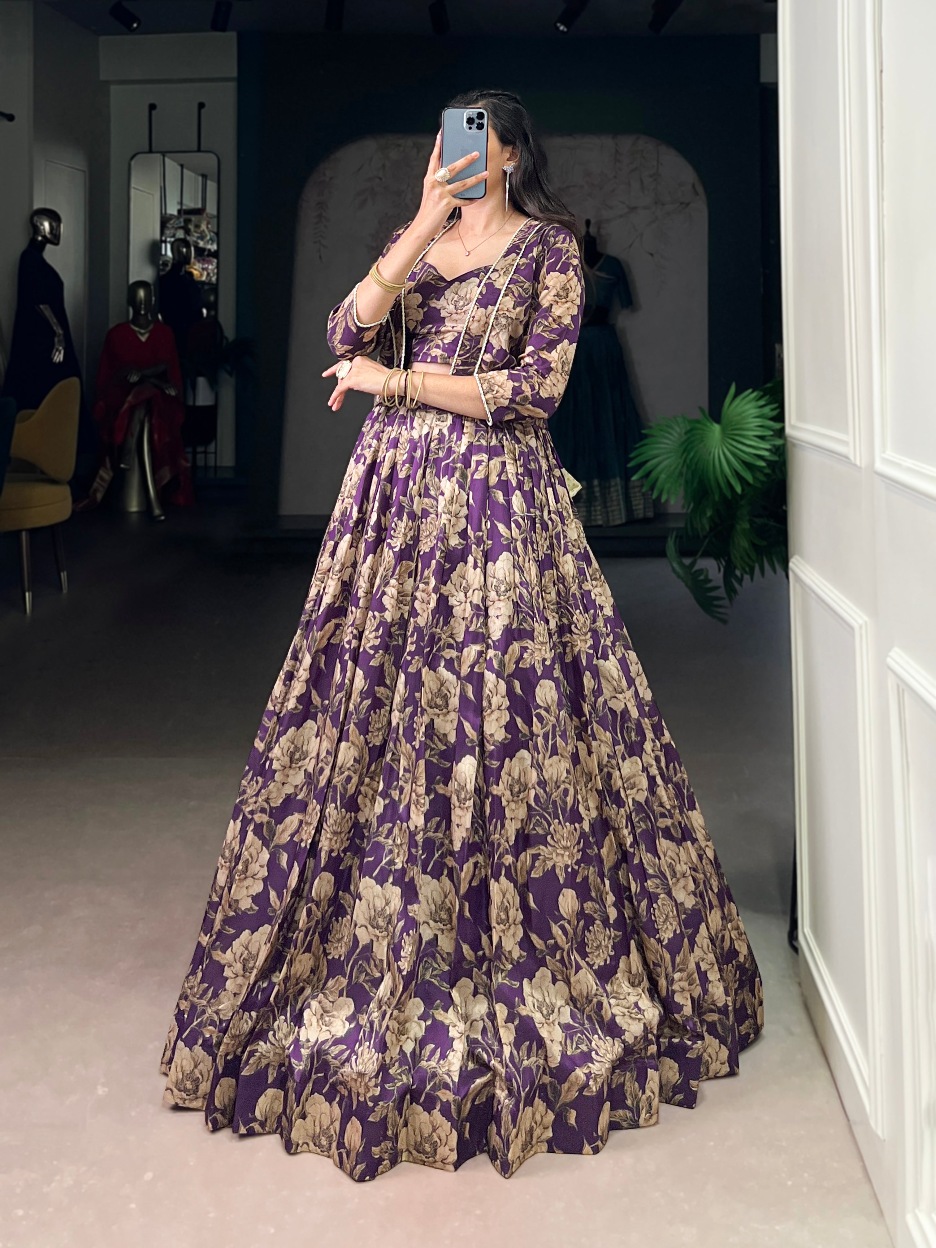 Ishita purple Tasar silk floral print co-ord set lehenga with koti
