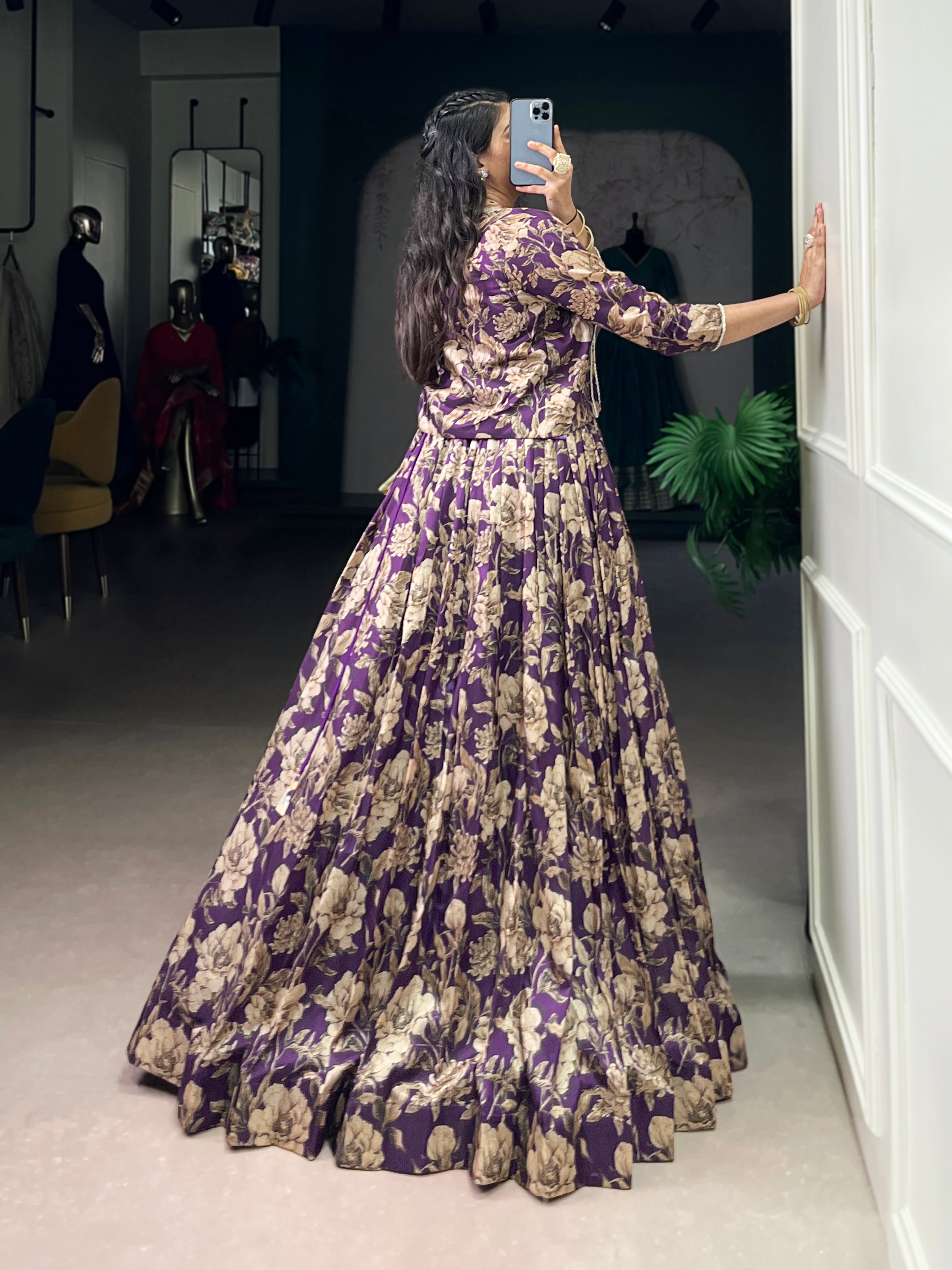 Ishita purple Tasar silk floral print co-ord set lehenga with koti