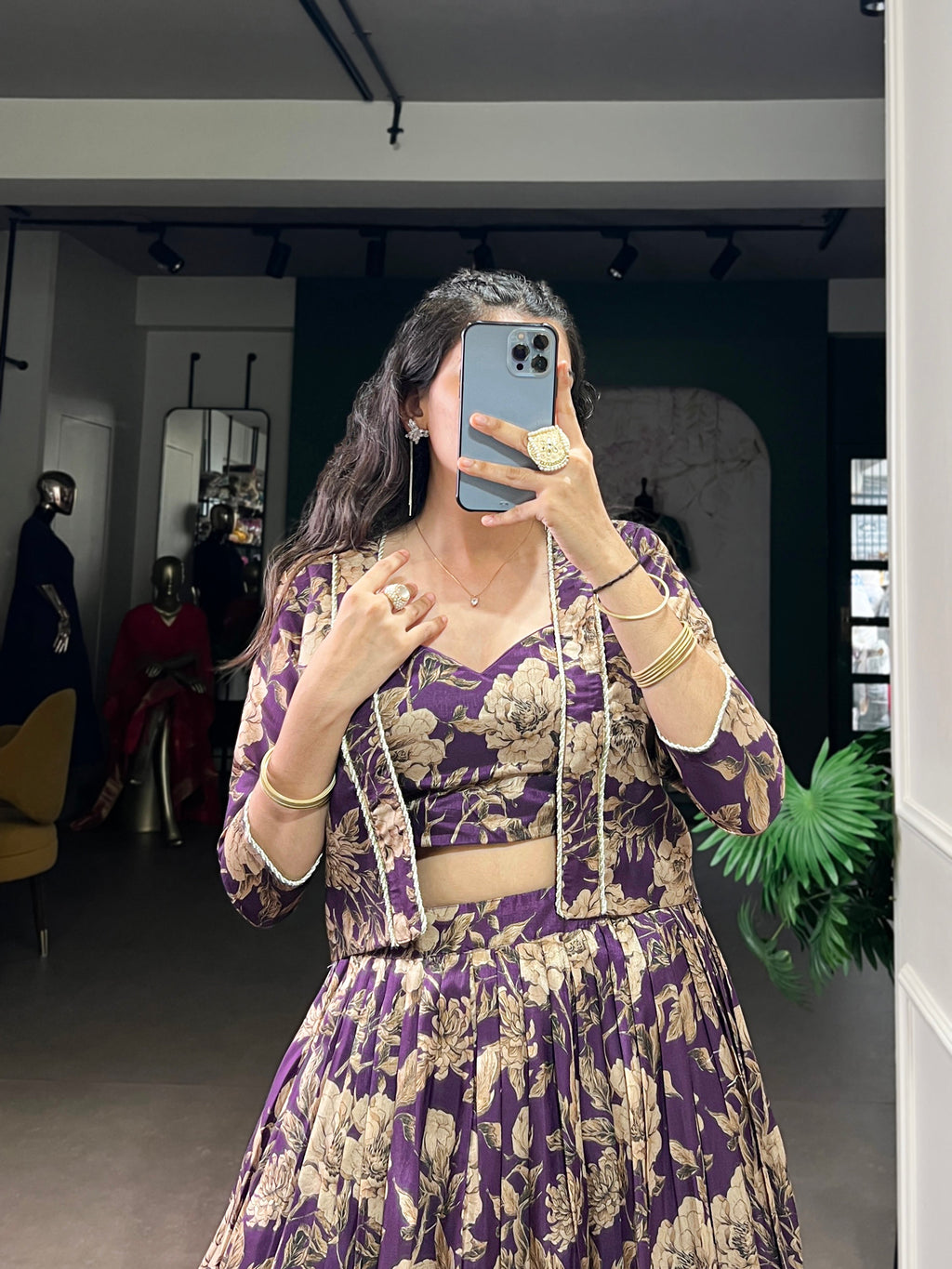 Ishita purple Tasar silk floral print co-ord set lehenga with koti
