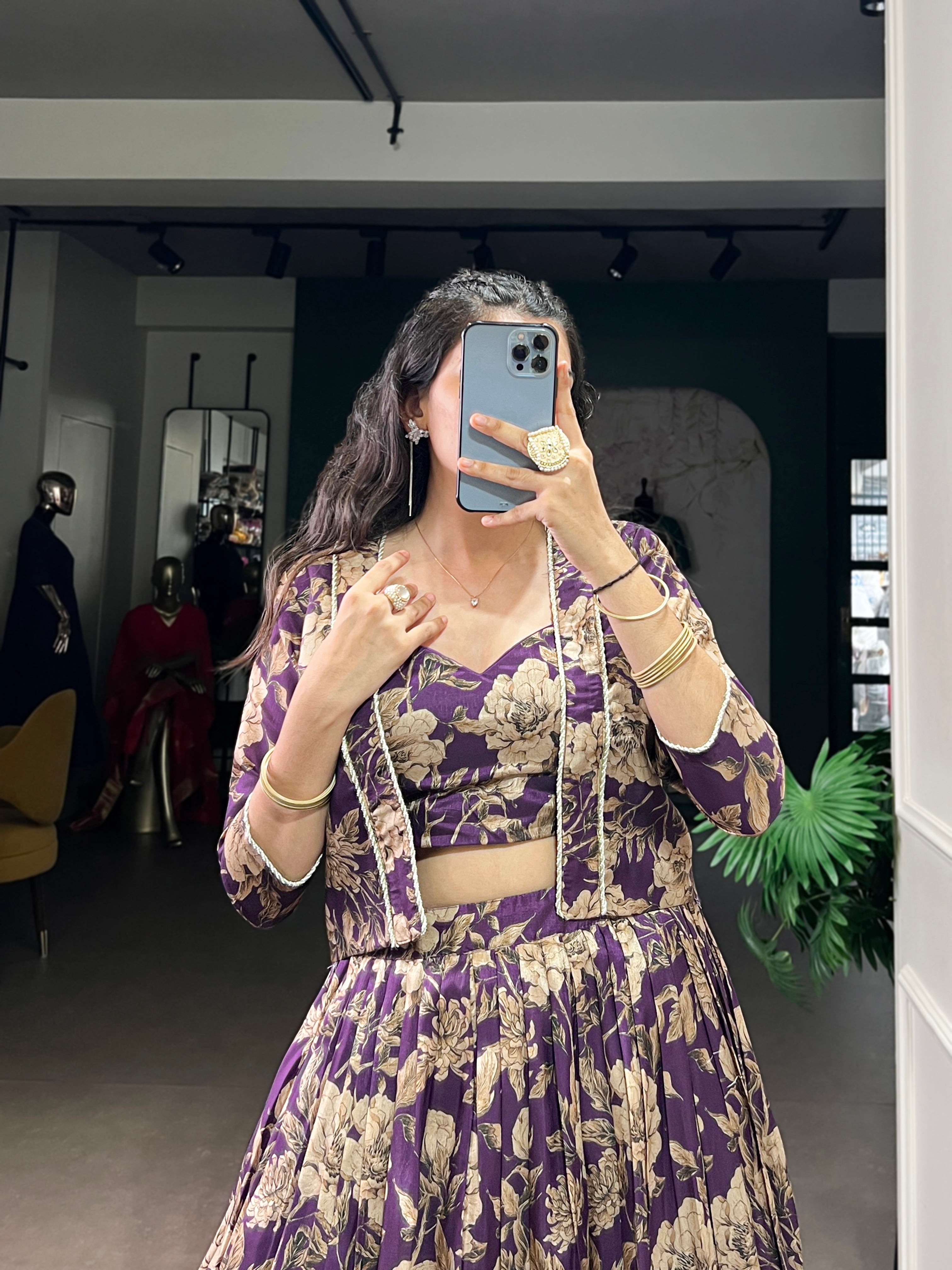 Ishita purple Tasar silk floral print co-ord set lehenga with koti