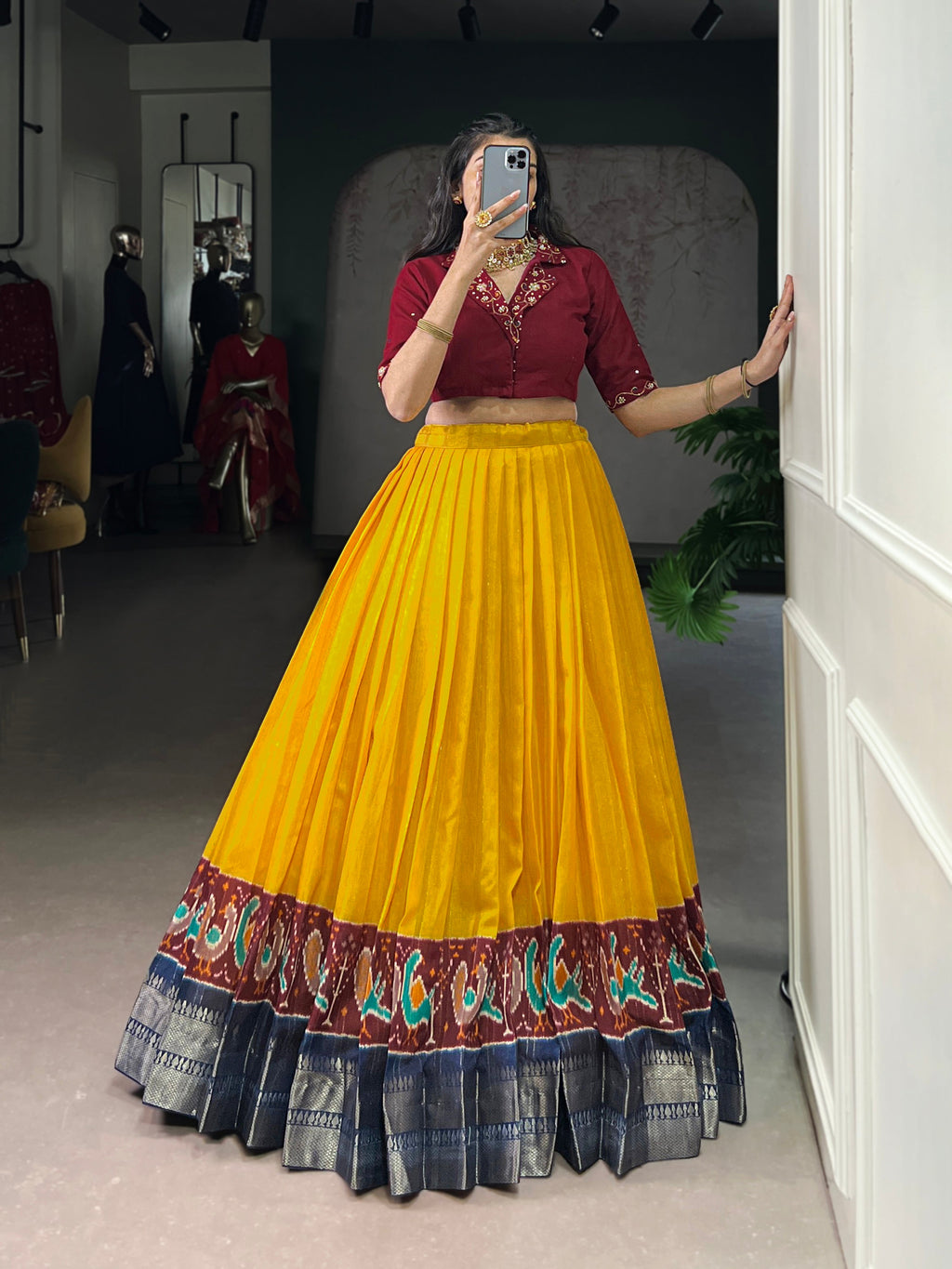 Nira mustard yellow poly cotton zari weaving co-ord set lehenga