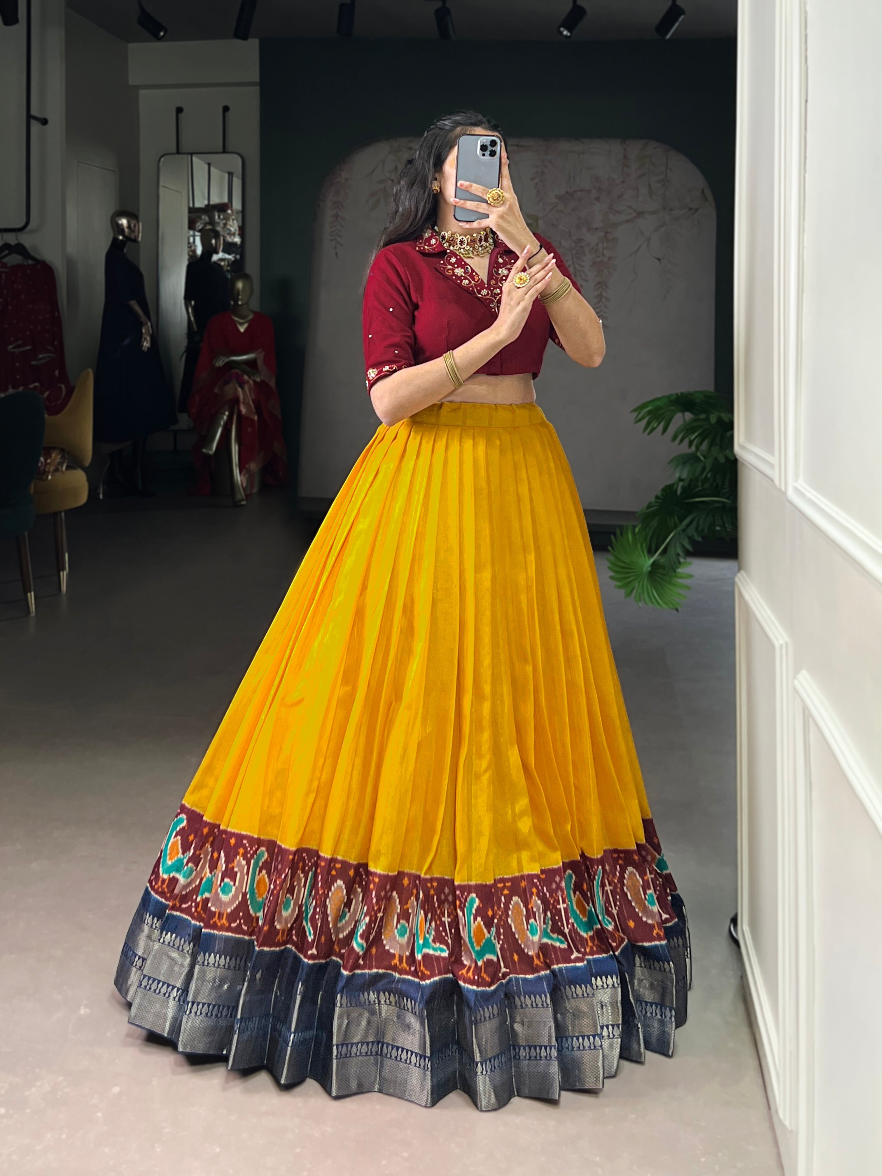 Nira mustard yellow poly cotton zari weaving co-ord set lehenga
