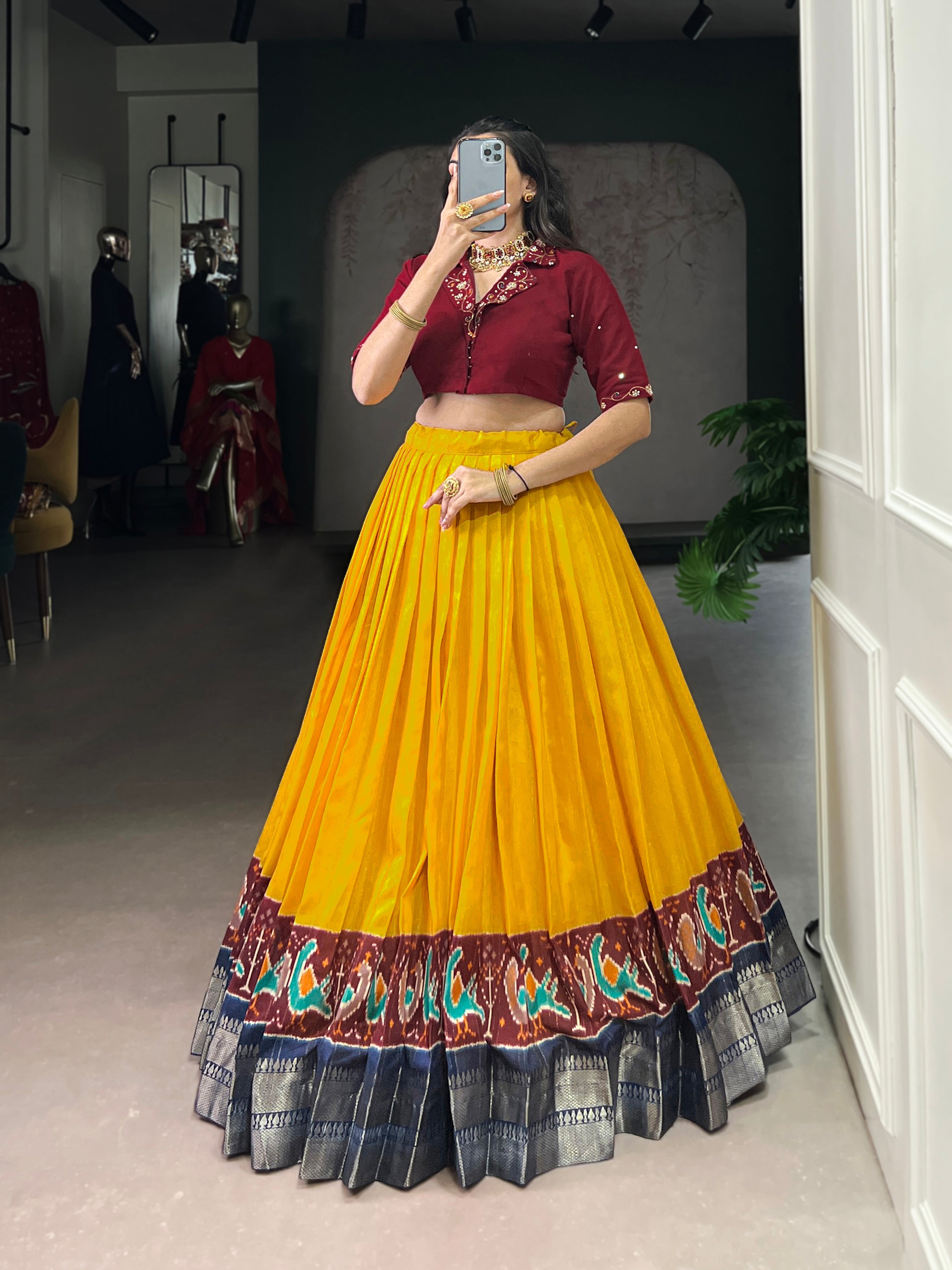 Nira mustard yellow poly cotton zari weaving co-ord set lehenga
