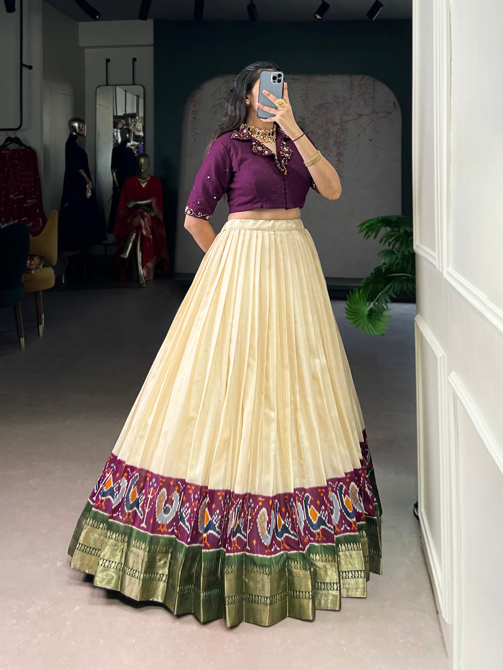 Nira off-white poly cotton zari weaving co-ord set lehenga