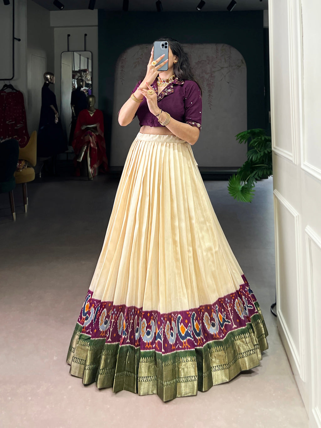 Nira off-white poly cotton zari weaving co-ord set lehenga