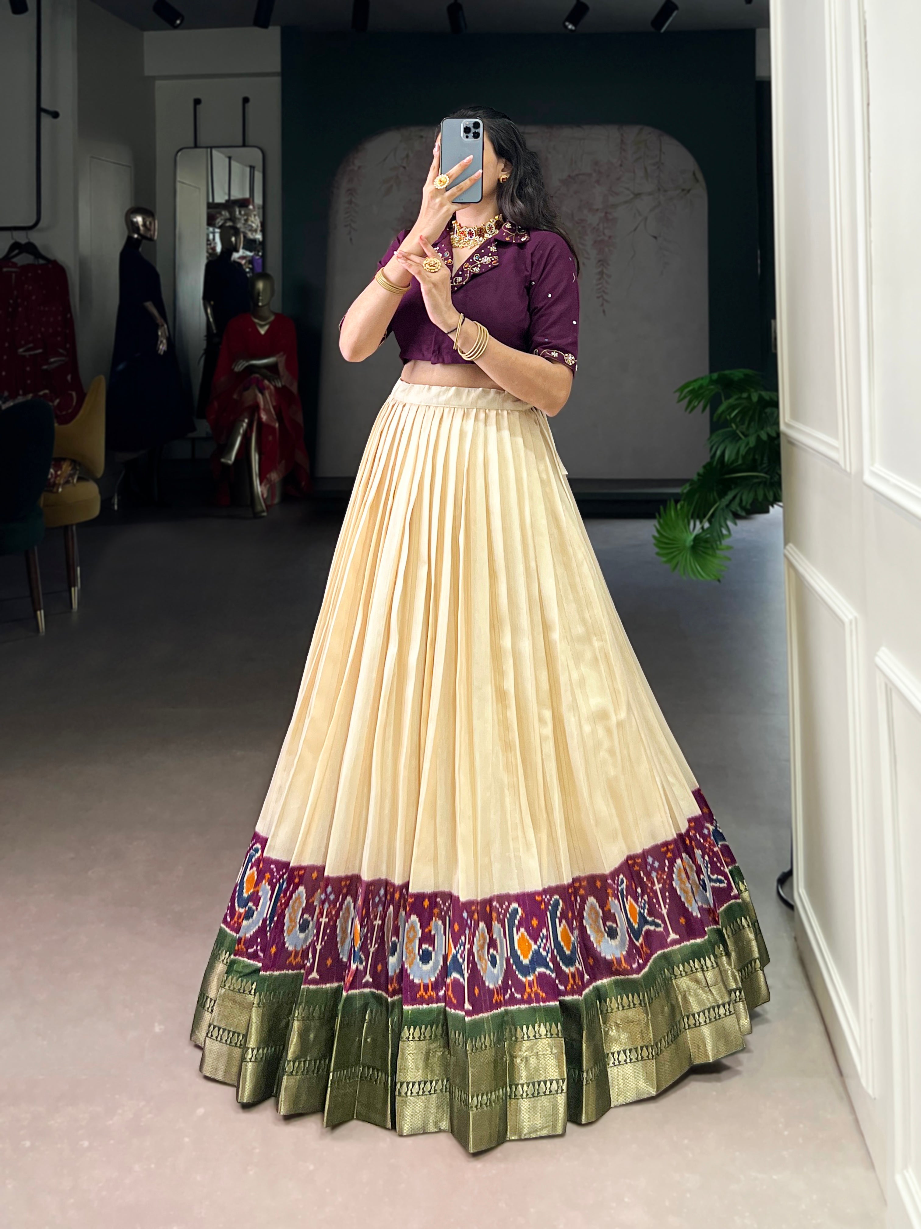 Nira off-white poly cotton zari weaving co-ord set lehenga