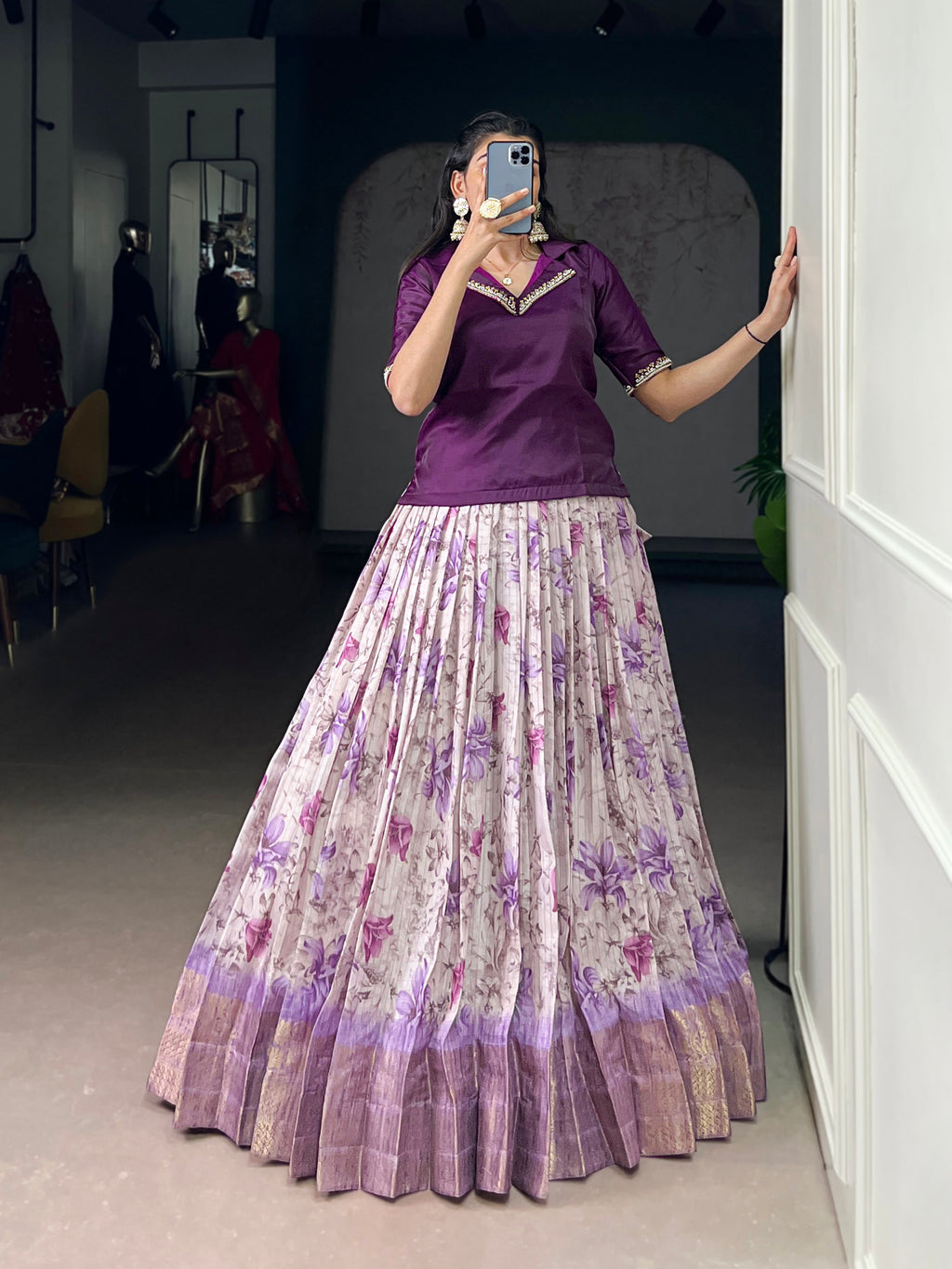 Diti purple Dola chex floral printed zari weaving co-ord set lehenga