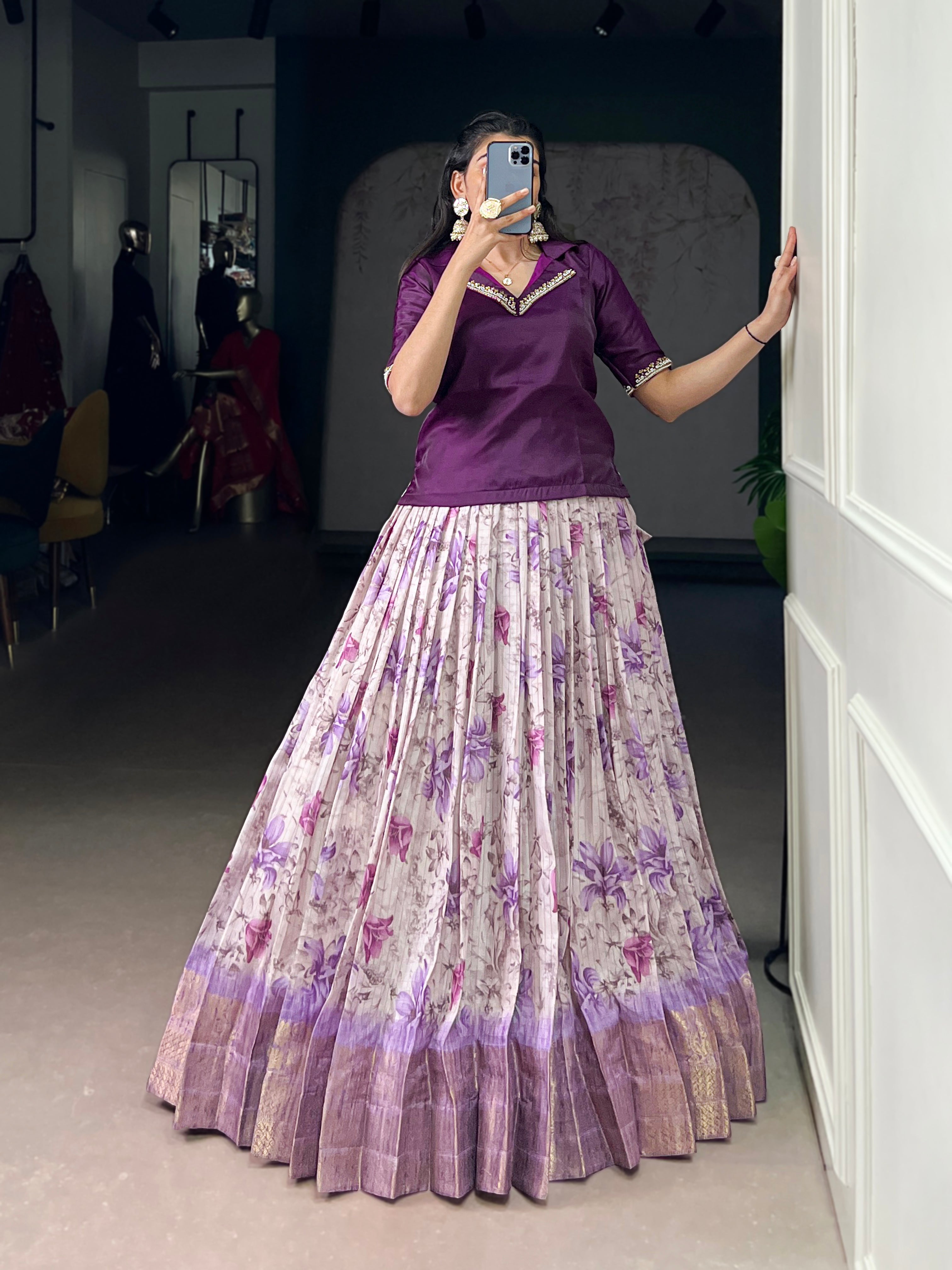 Diti purple Dola chex floral printed zari weaving co-ord set lehenga