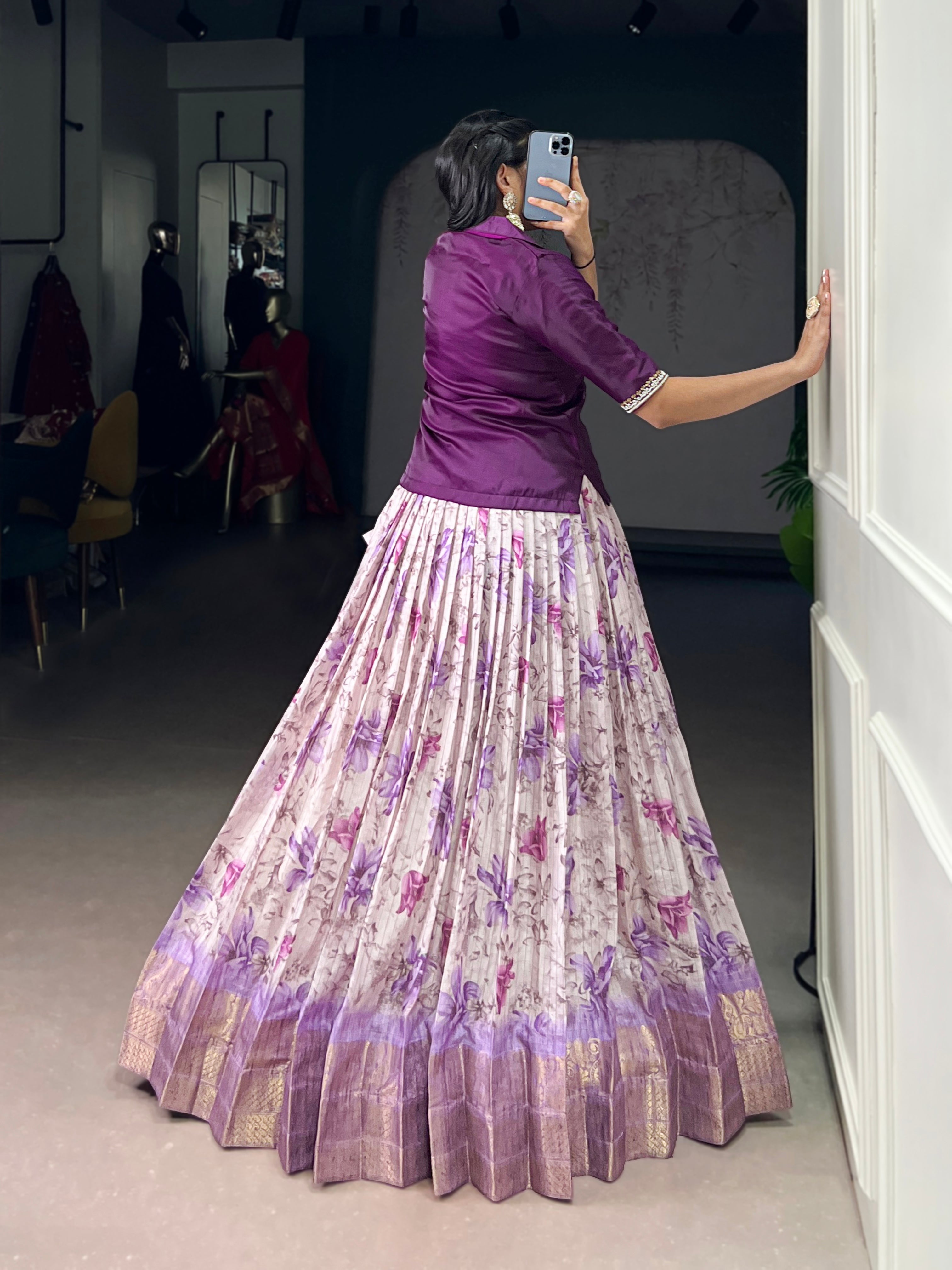 Diti purple Dola chex floral printed zari weaving co-ord set lehenga
