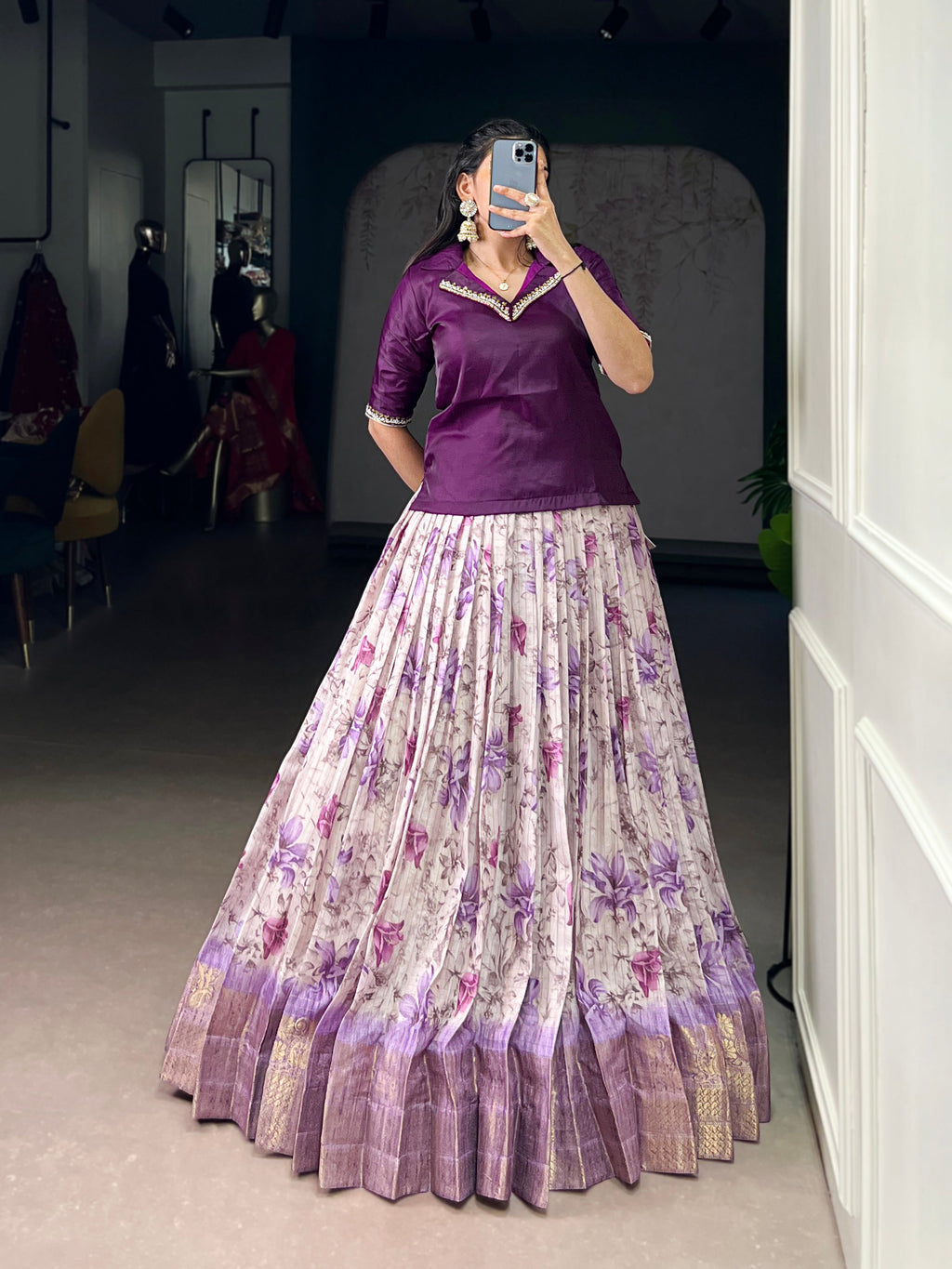 Diti purple Dola chex floral printed zari weaving co-ord set lehenga