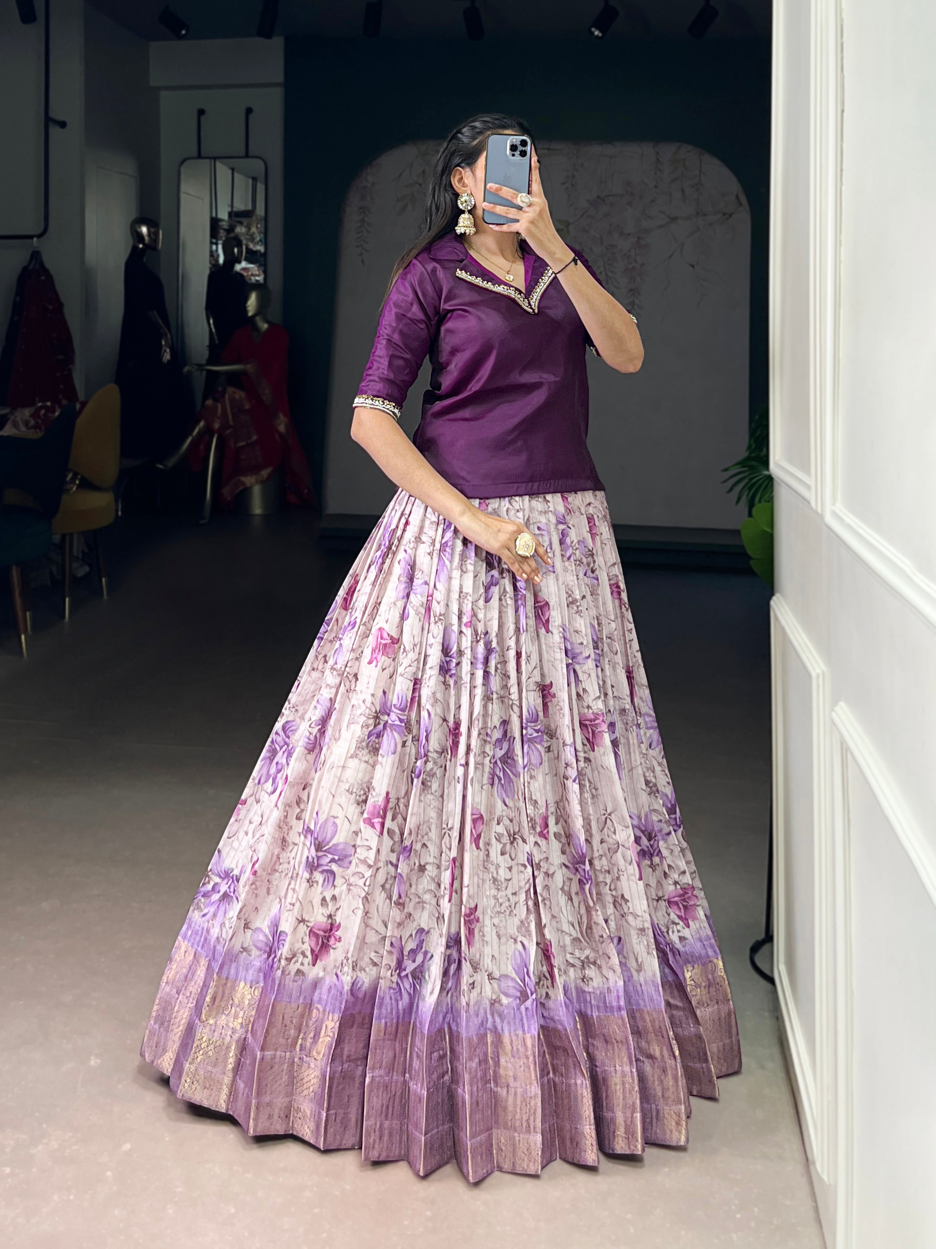 Diti purple Dola chex floral printed zari weaving co-ord set lehenga