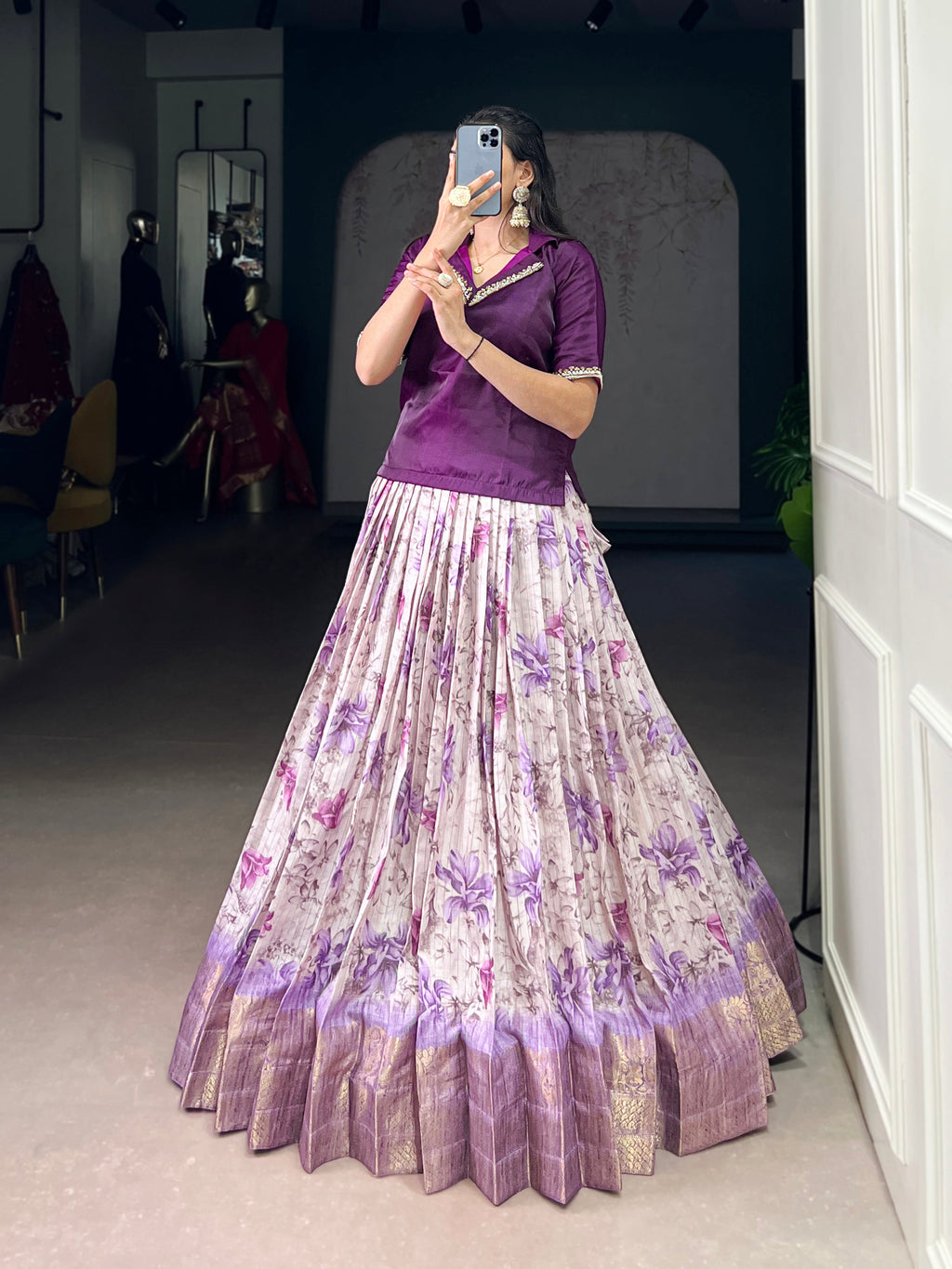 Diti purple Dola chex floral printed zari weaving co-ord set lehenga